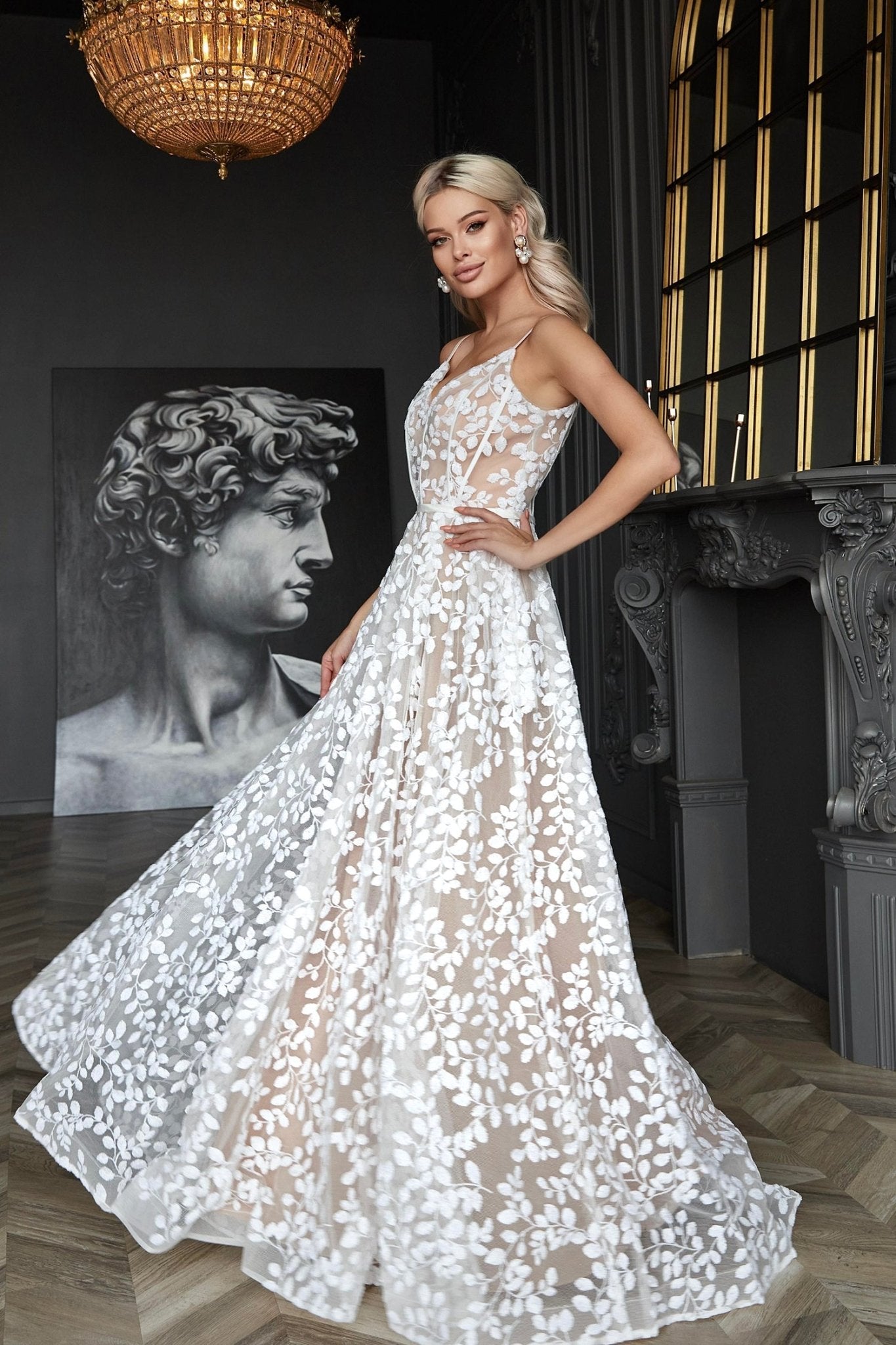 Tina Holly Couture TK069 White & Nude 3D Sequin A - line Plunging Neckline Bridal Dress in Australia | One Honey Boutique