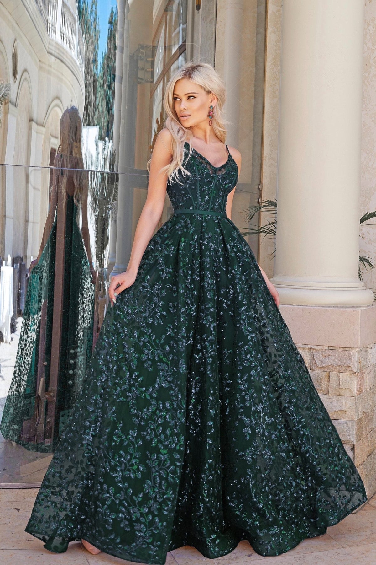 slim fit dress slacks Emerald Green Long Sleeve Prom Dress Square Neck, Sparkly Lace, Corset –  Viniodress main image 0