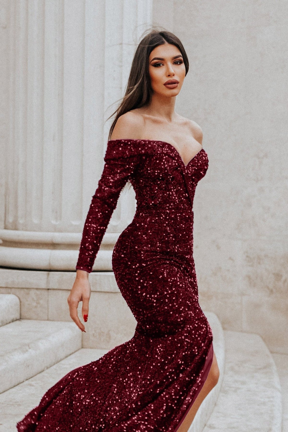 Tina Holly Couture TK099 Wine Sequin Sweet-Heart Neckline Off Shoulder Formal Dress Wine / 6 AUS