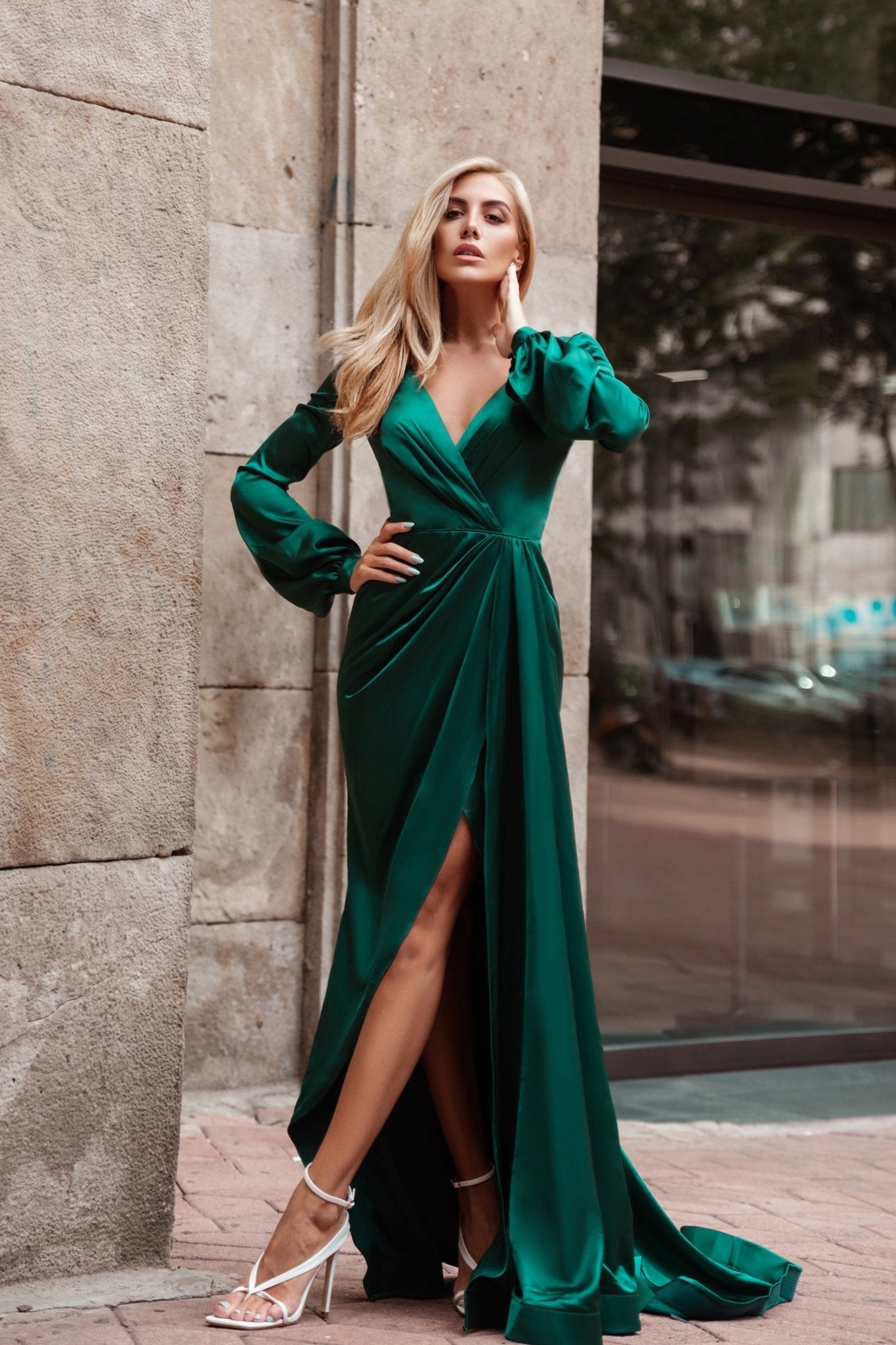 Tina Holly Couture Designer TK305 Emerald Green Silky Long Sleeved Formal Gown in Australia | One Honey Boutique