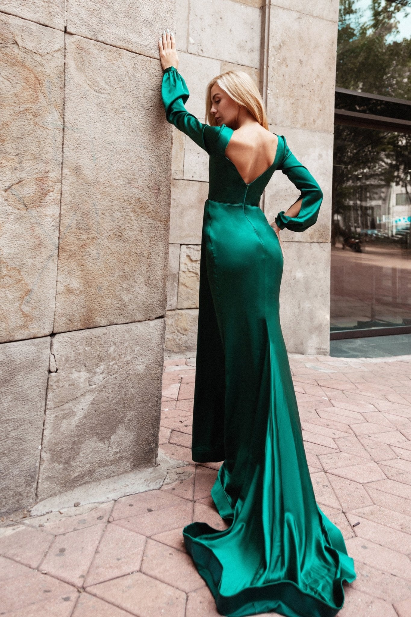 Tina Holly Couture Designer TK305 Emerald Green Silky Long Sleeved Formal Gown in Australia | One Honey Boutique