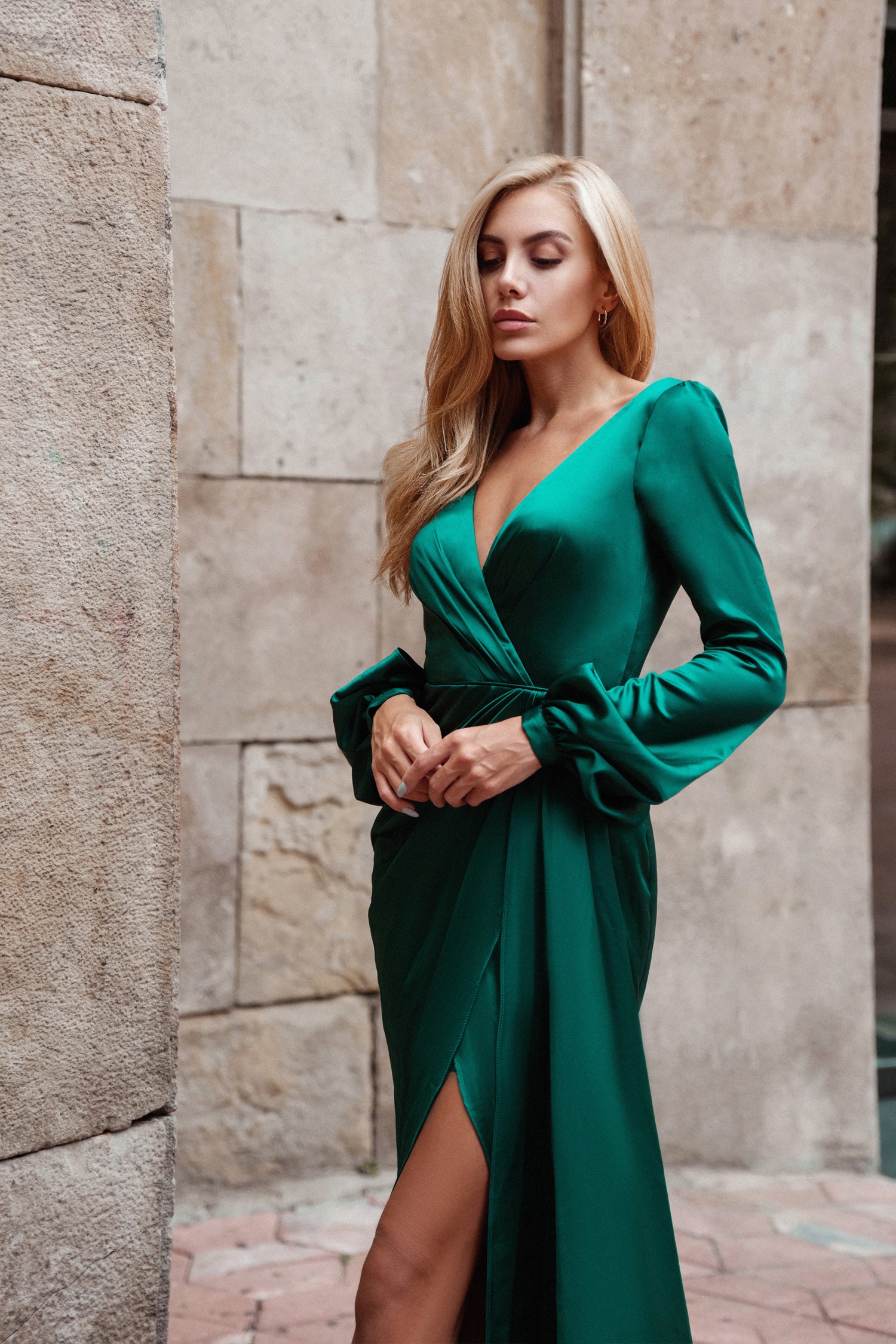 Tina Holly Couture Designer TK305 Emerald Green Silky Long Sleeved Formal Gown