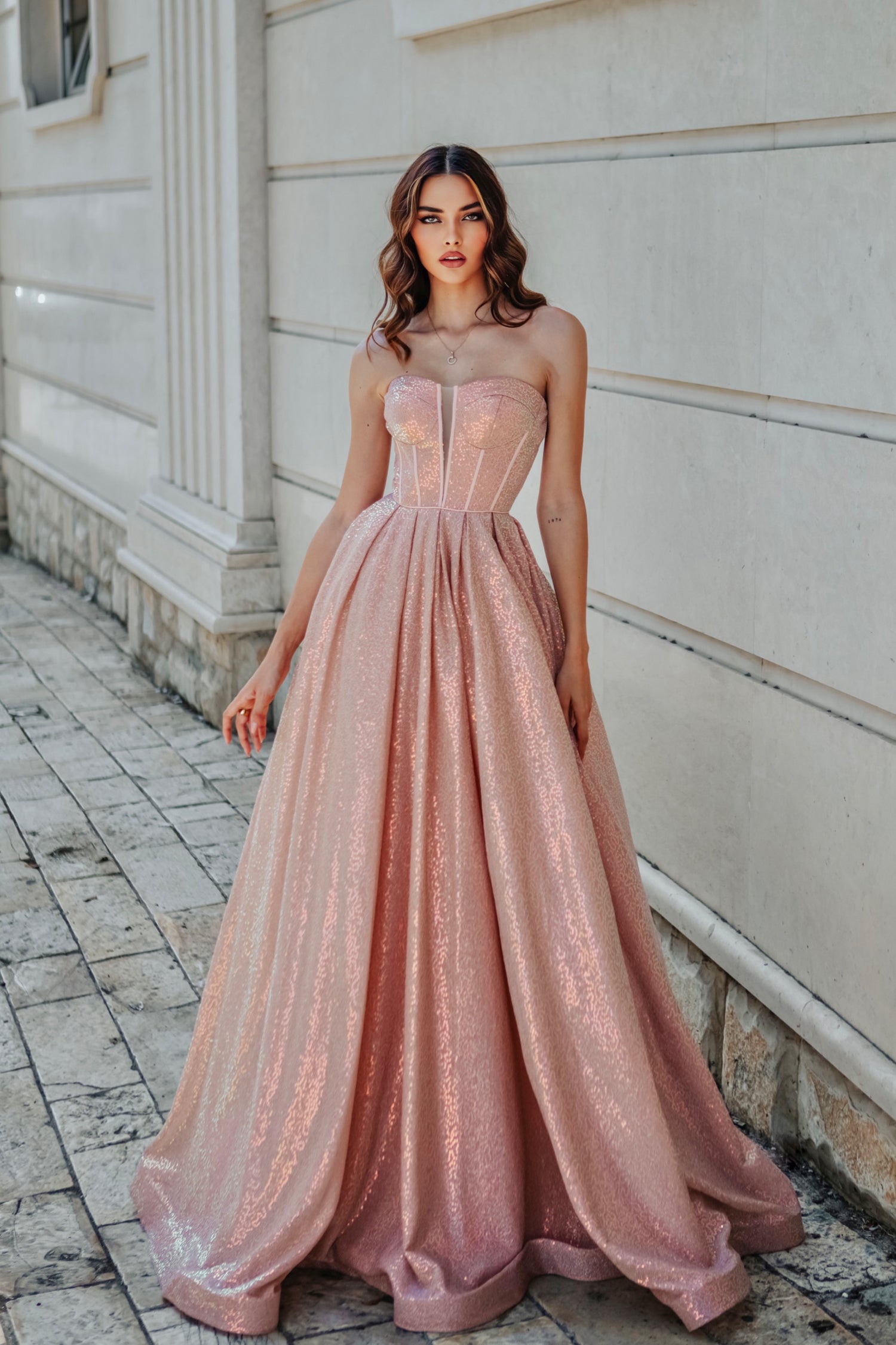 Tina Holly Couture TK313 Rose Gold Sequin Strapless Sweet Heart Neck Line With An A-Line Fit Formal Dress