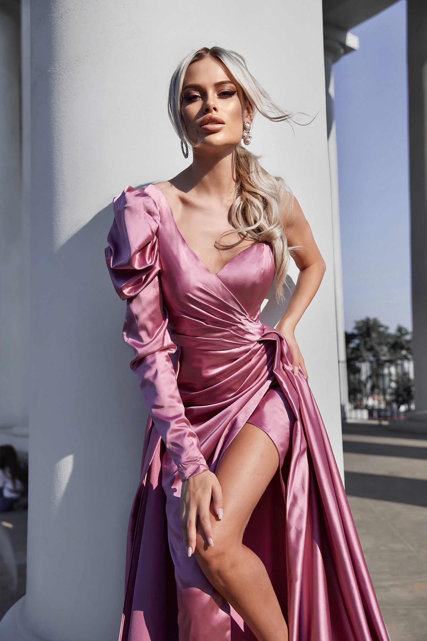 Tina Holly Couture TK333 Mauve Pink With Asymmetrical Neckline And A Side Slit Formal Dress
