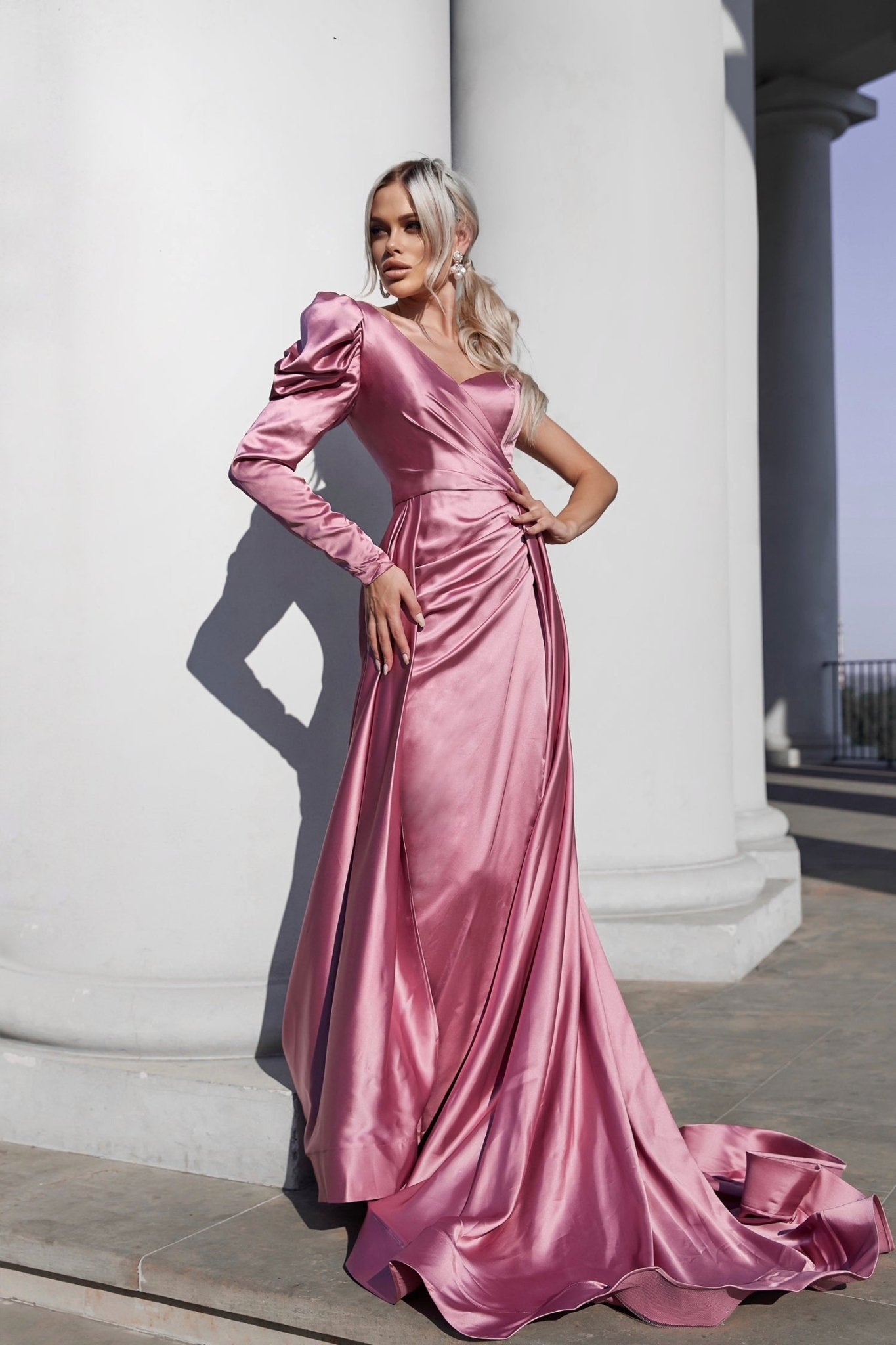 Tina Holly Couture TK333 Mauve Pink With Asymmetrical Neckline And A Side Slit Formal Dress in Australia | One Honey Boutique