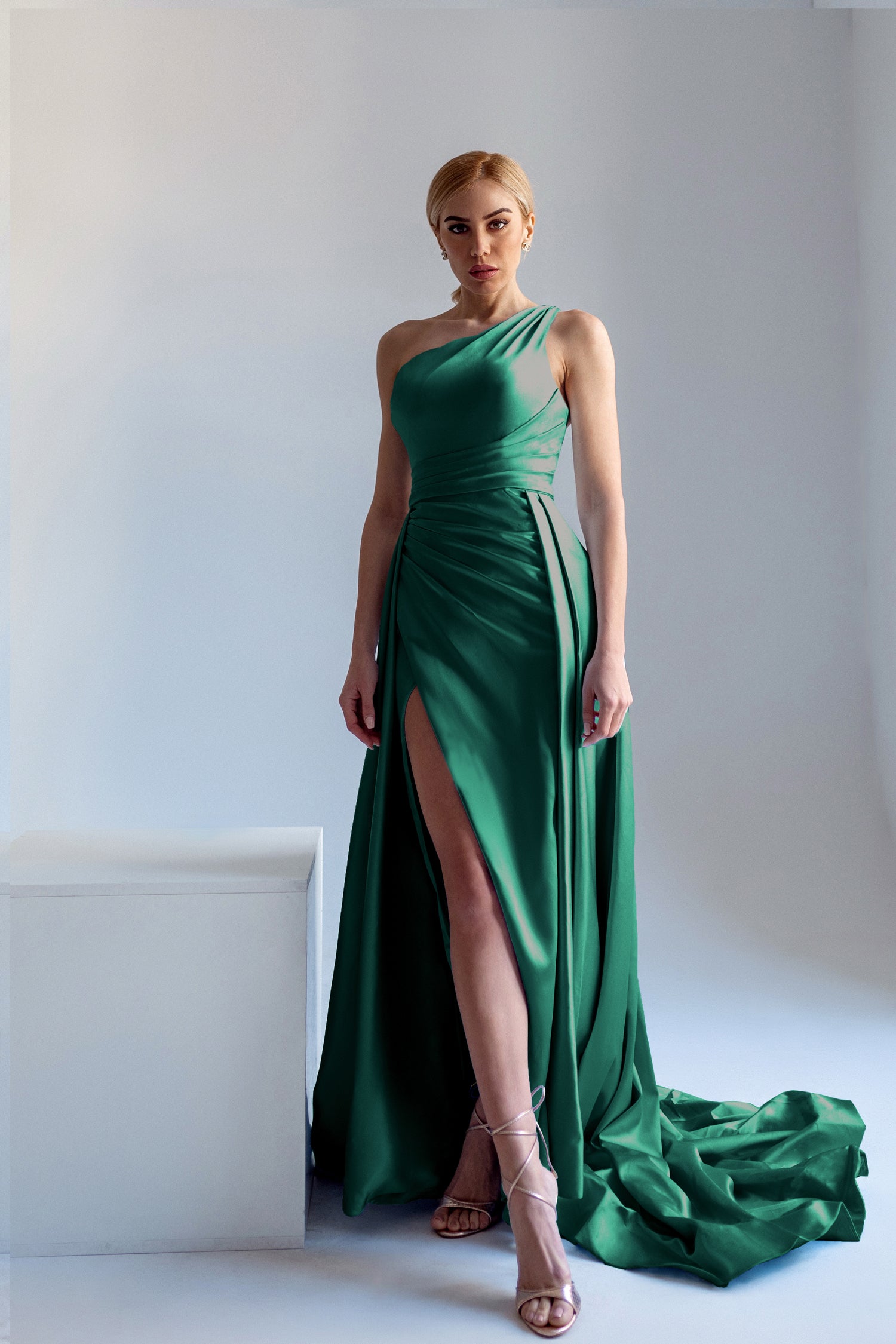 Tina Holly Couture TK888 Emerald Silk Satin Asymmetrical Neck Line With A Ruched Side And High Leg Spilt Formal Dress