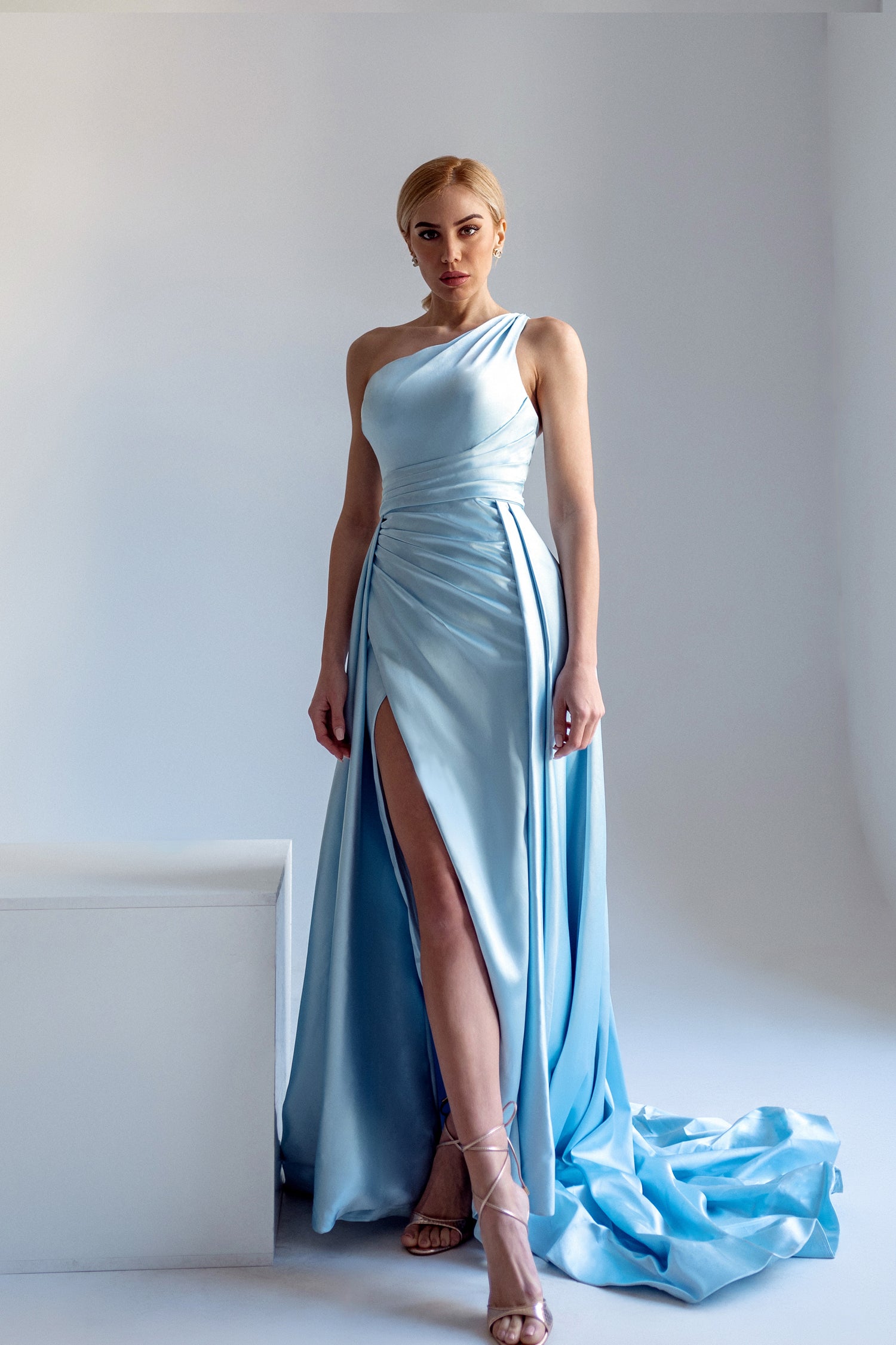 Tina Holly Couture TK888 Ice Blue Silk Satin Asymmetrical Neck Line With A Ruched Side And High Leg Spilt Formal Dress