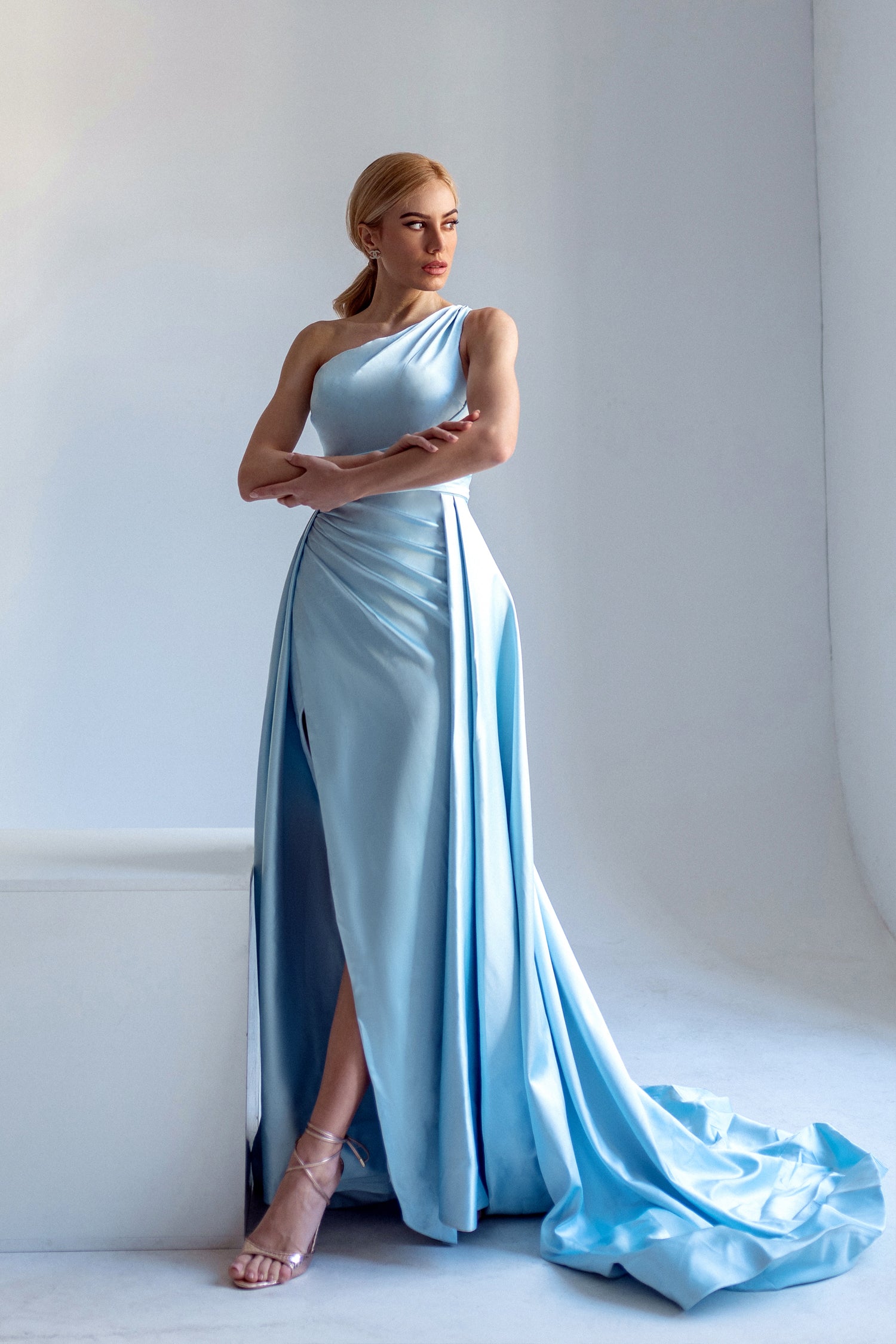 Tina Holly Couture TK888 Ice Blue Silk Satin Asymmetrical Neck Line With A Ruched Side And High Leg Spilt Formal Dress