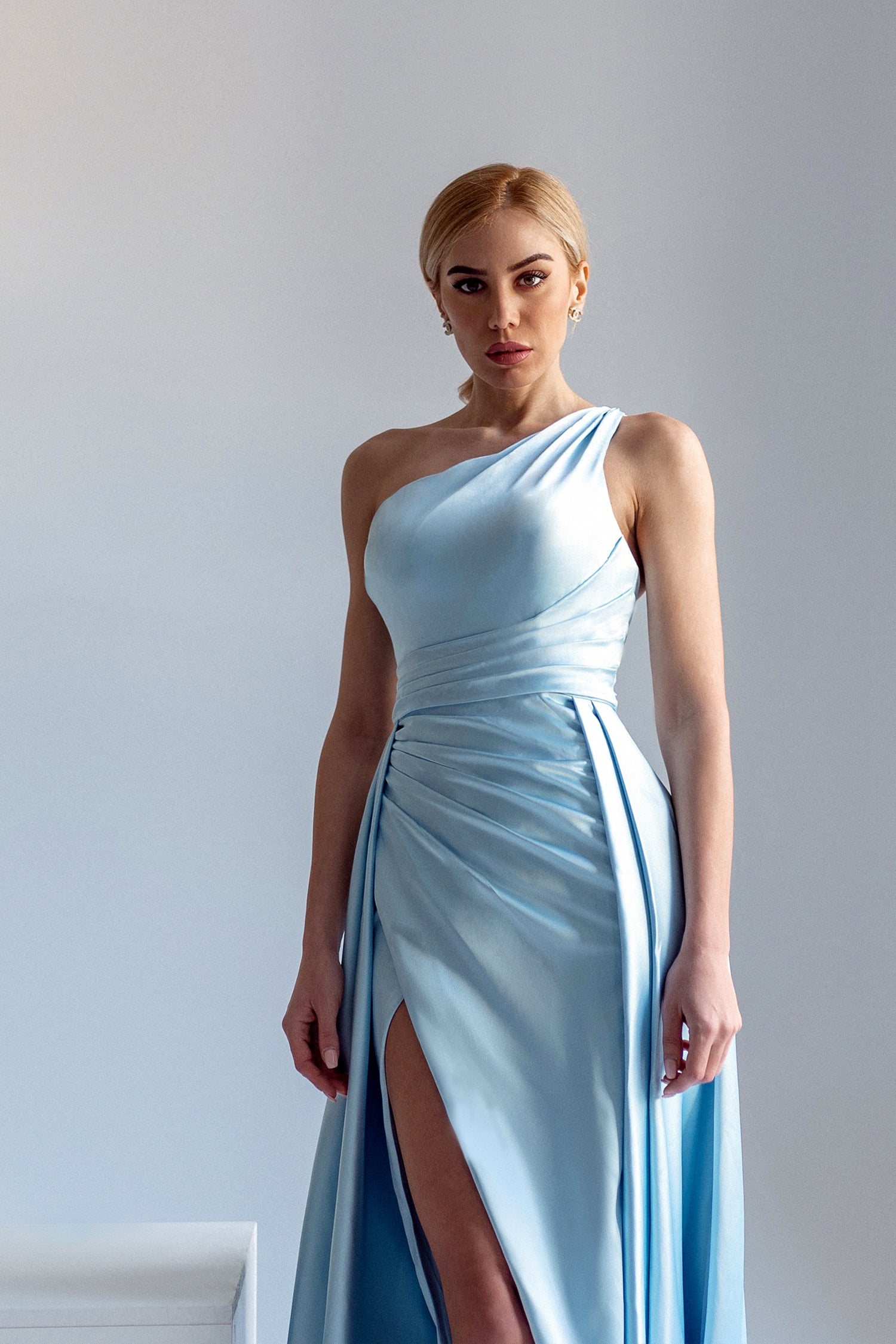 Tina Holly Couture TK888 Ice Blue Silk Satin Asymmetrical Neck Line With A Ruched Side And High Leg Spilt Formal Dress