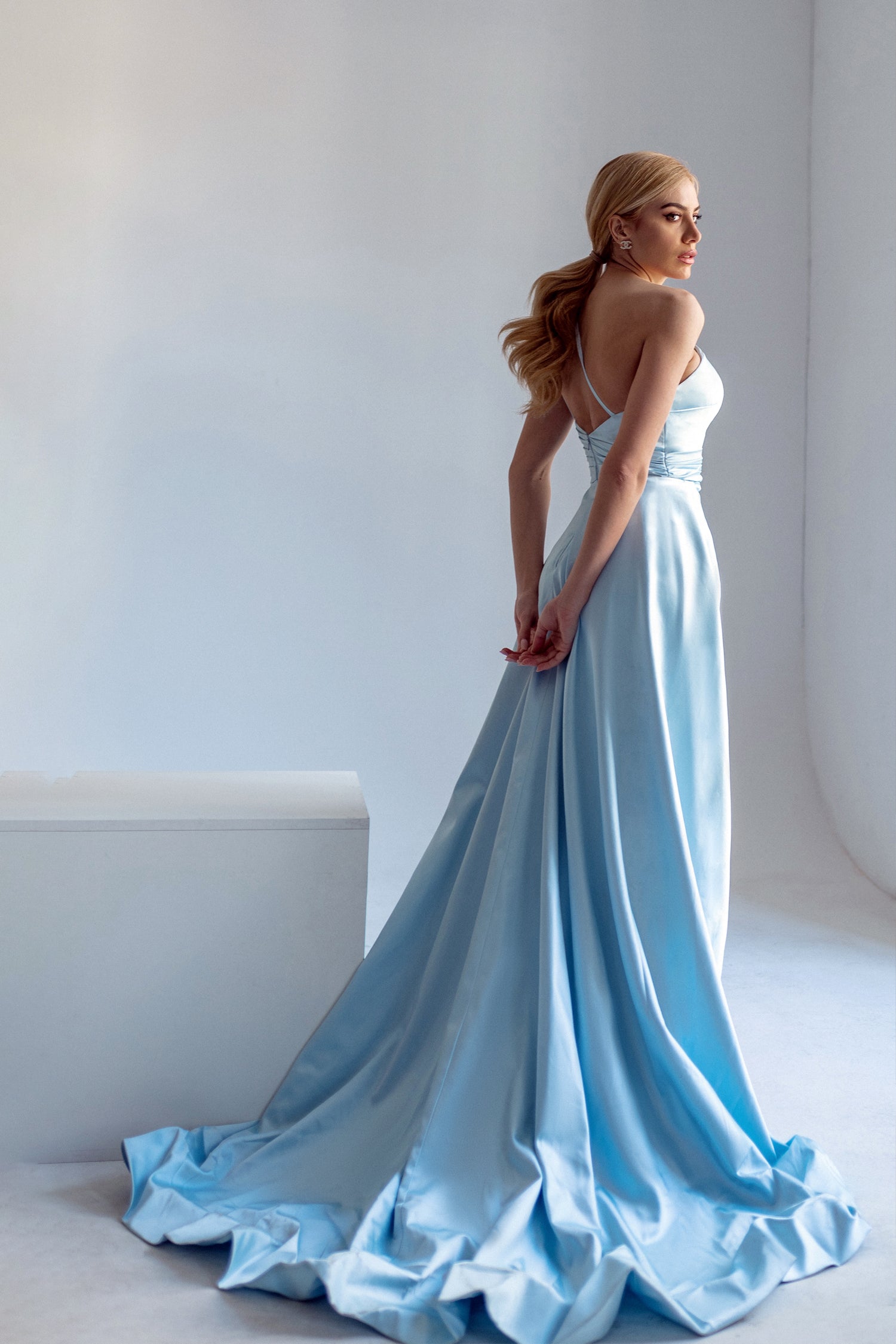 Tina Holly Couture TK888 Ice Blue Silk Satin Asymmetrical Neck Line With A Ruched Side And High Leg Spilt Formal Dress
