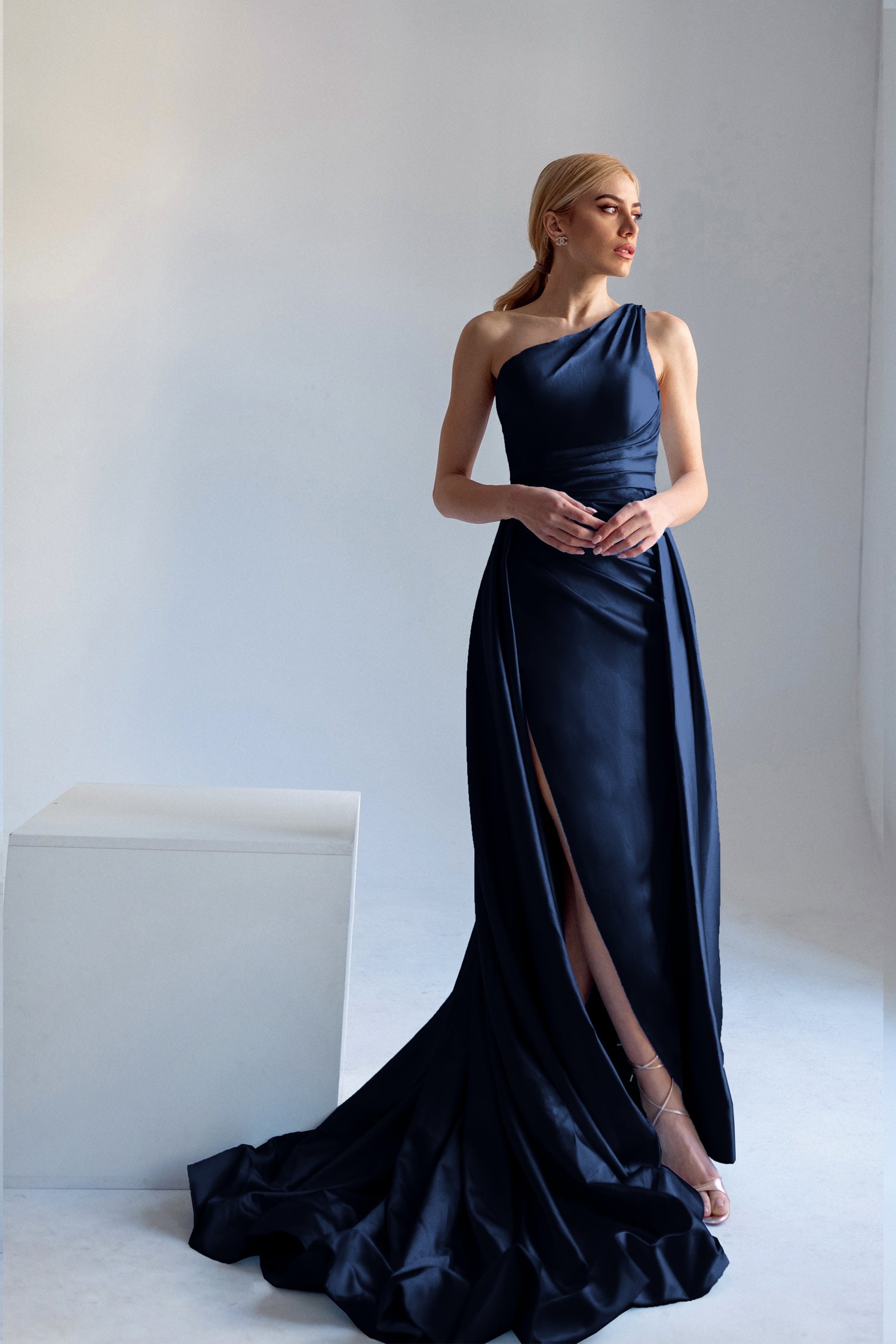 Tina Holly Couture TK888 Navy Silk Satin Asymmetrical Neck Line With A Ruched Side And High Leg Spilt Formal Dress