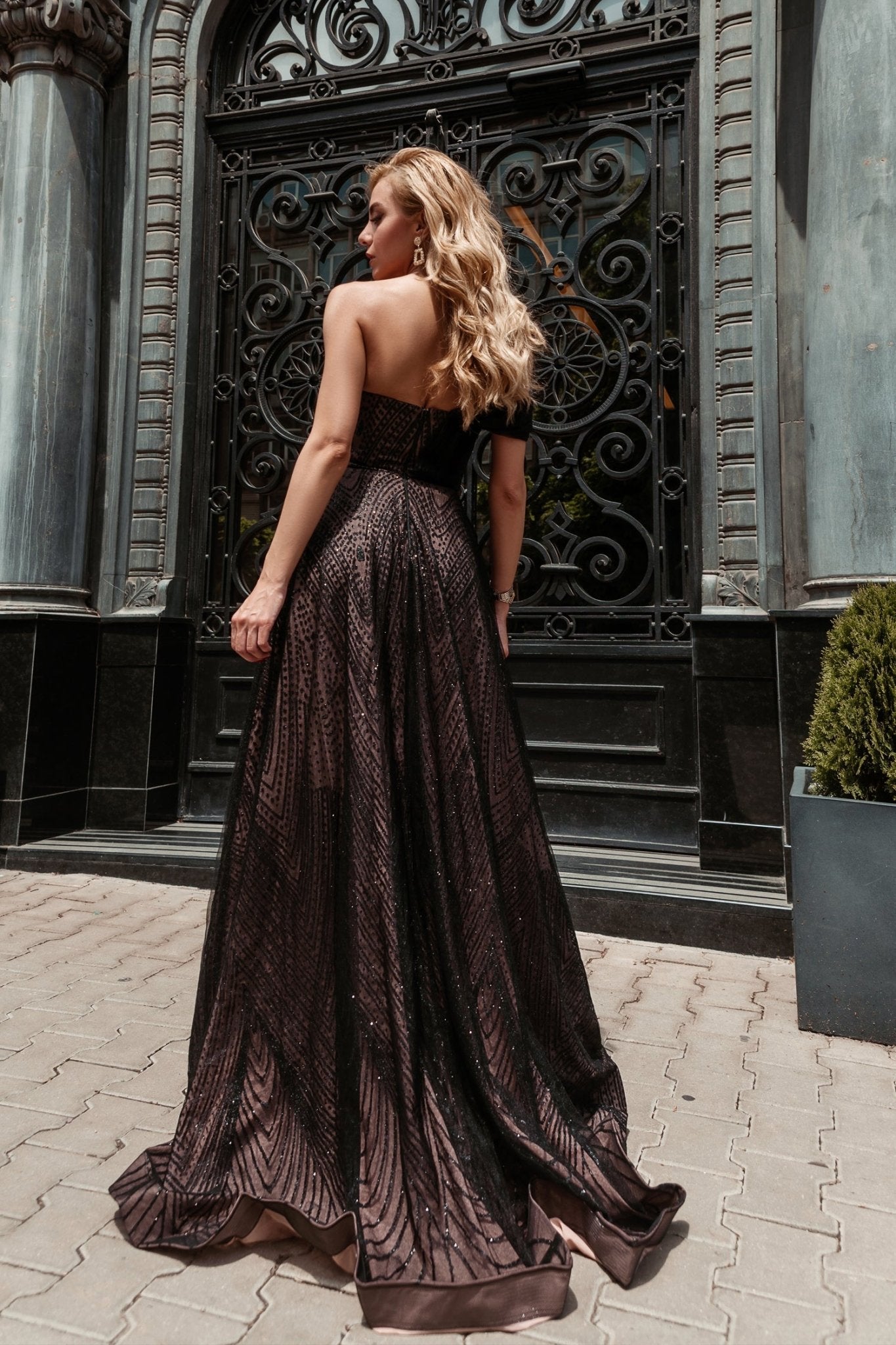 Tina Holly Couture Designer TQ036 Black Nude Glitter One Shoulder Formal Gown in Australia | One Honey Boutique