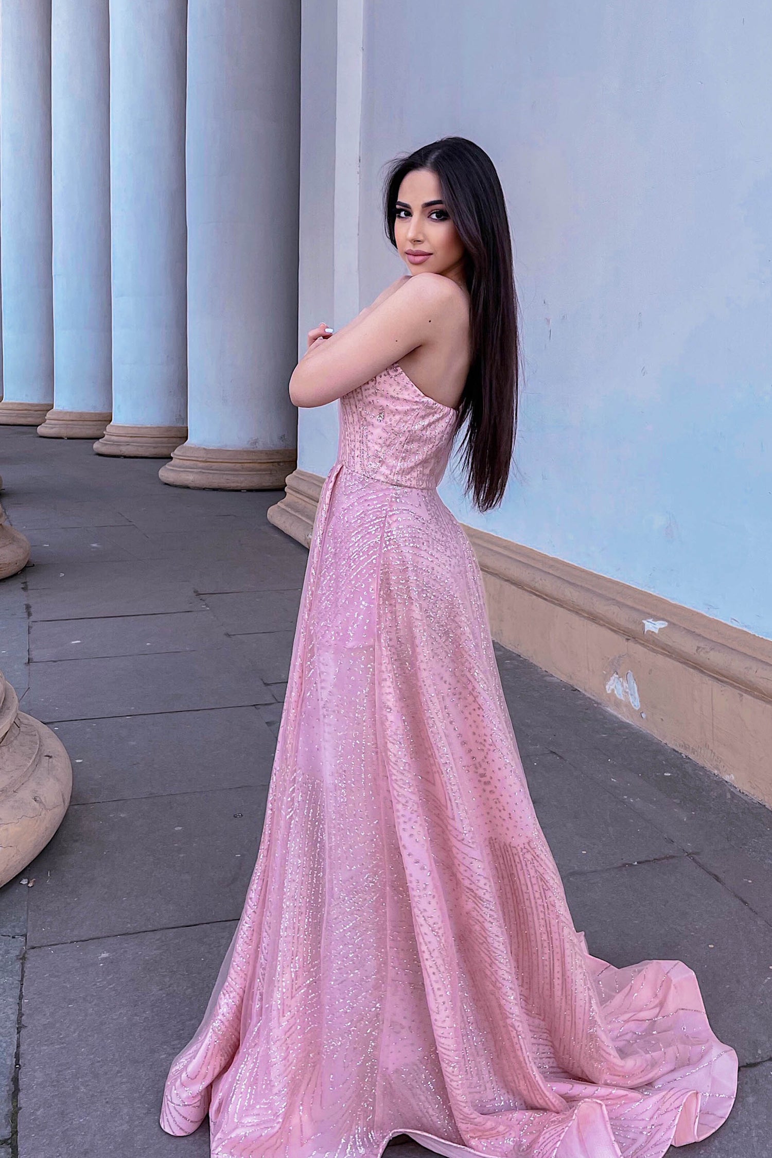 Tina Holly Couture Designer TQ036 Rose Pink Glitter One Shoulder Formal Gown