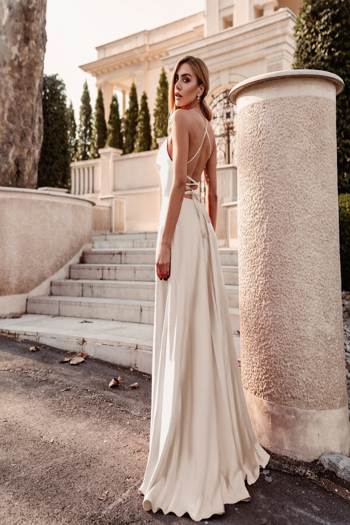 Tina Holly Couture Designer TW004 Champagne Lace Up Back Silky Satin Formal Gown in Australia | One Honey Boutique