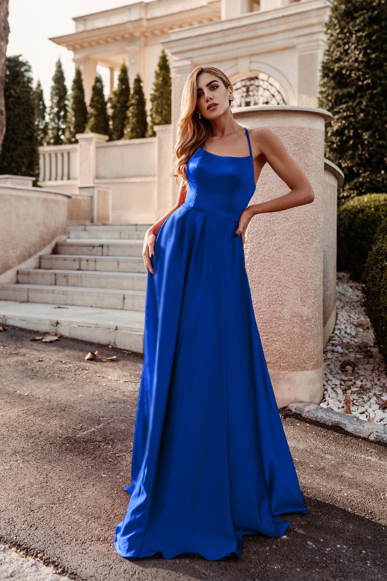 Tina Holly Couture Designer TW004 Royal Blue Lace Up Back Silky Satin Formal Gown