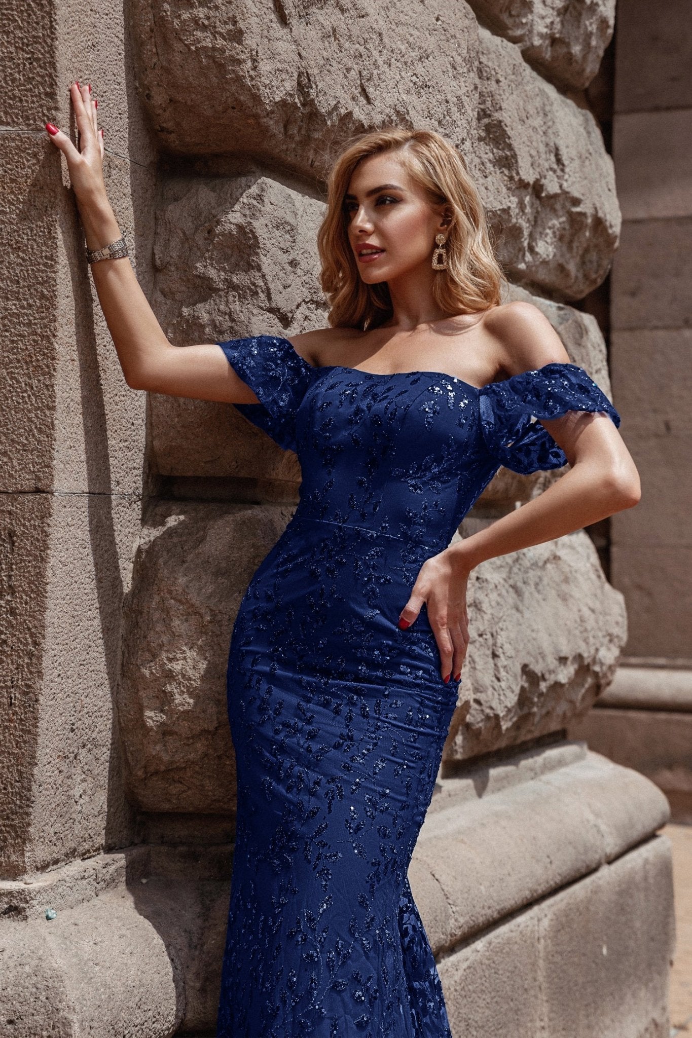 Lace Navy Off Shoulder Prom Dress Jovani 49634 Off The Shoulder