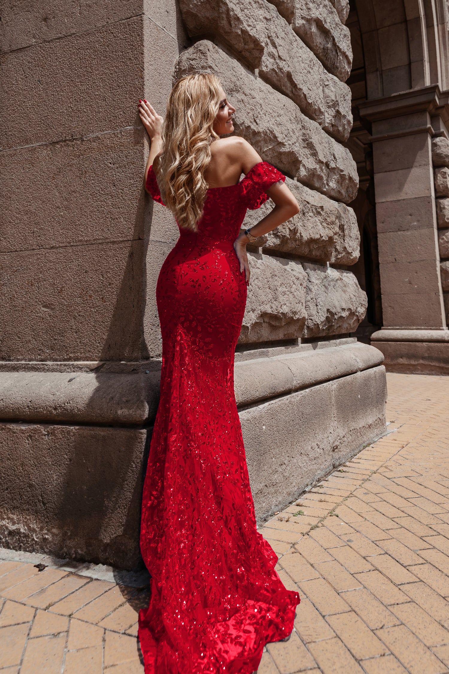 Tina Holly Couture TW024 Red Corset Lace Glitter Mermaid Formal Dress