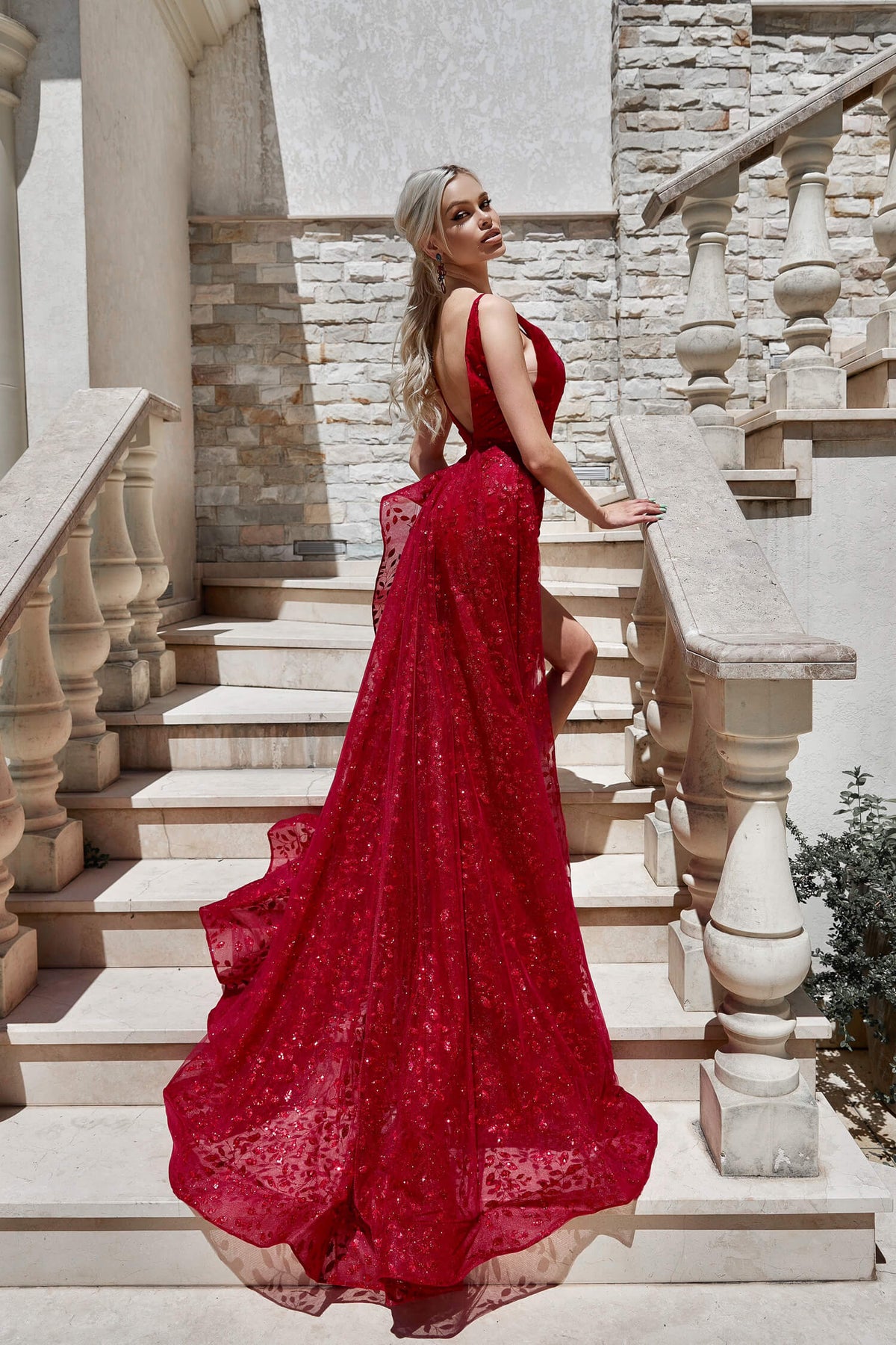 open lace back dress Tina Holly Couture Designer TW025 Ruby Red Glitter Formal Dress w Over