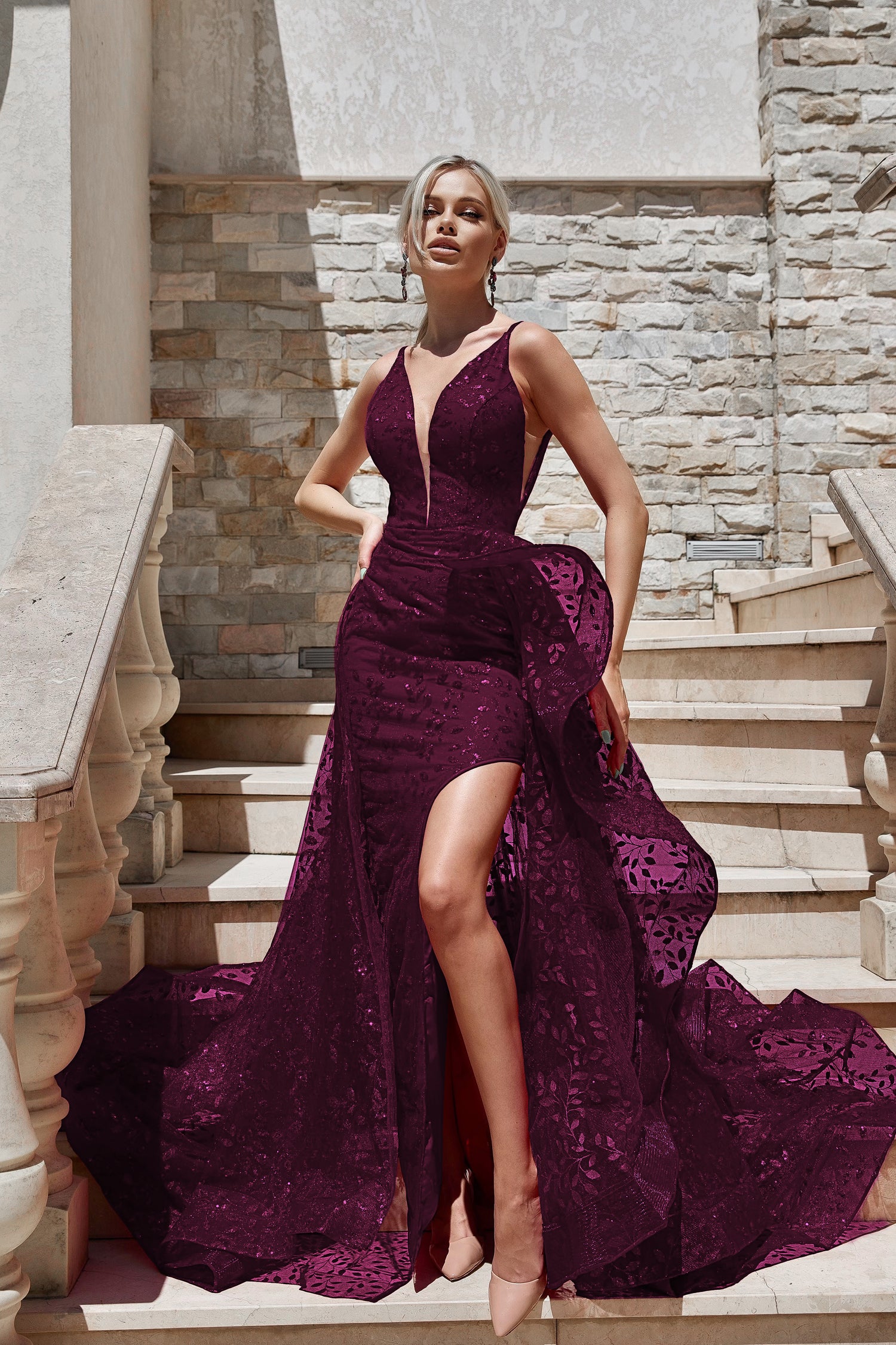 Tina Holly Couture Designer TW025 Plum Glitter Formal Dress w Over Skirt