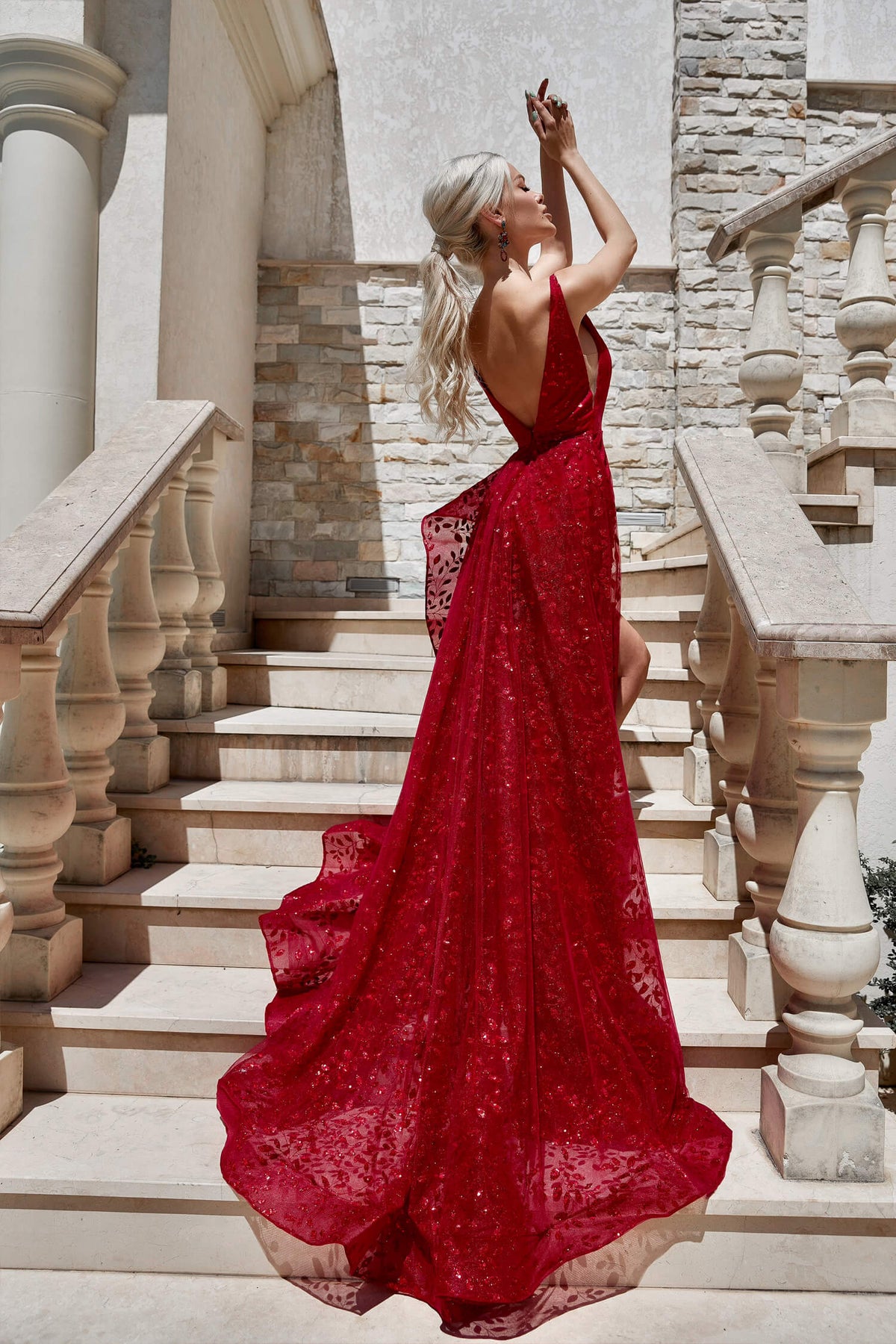 Tina Holly Couture Designer TW025 Ruby Red Glitter Formal Dress w Over