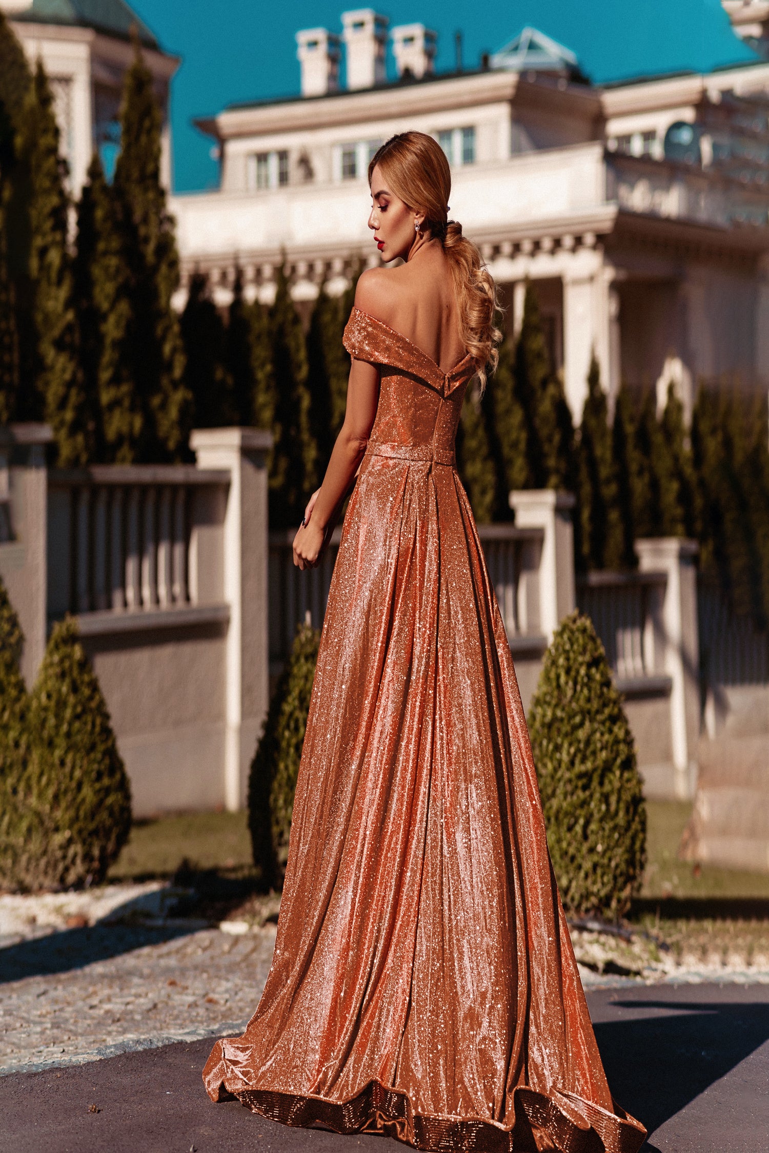 Tina Holly Couture Designer TW028 Golden Rust Glitter Formal Dress w Over Skirt