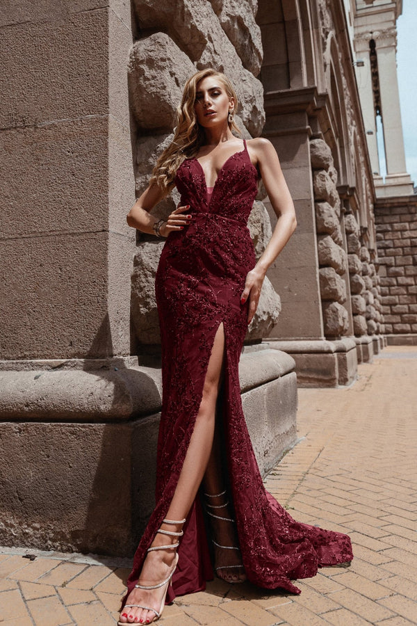 Tina Holly Couture TW031 Burgundy Deep V Neckline With Beaded Sequins