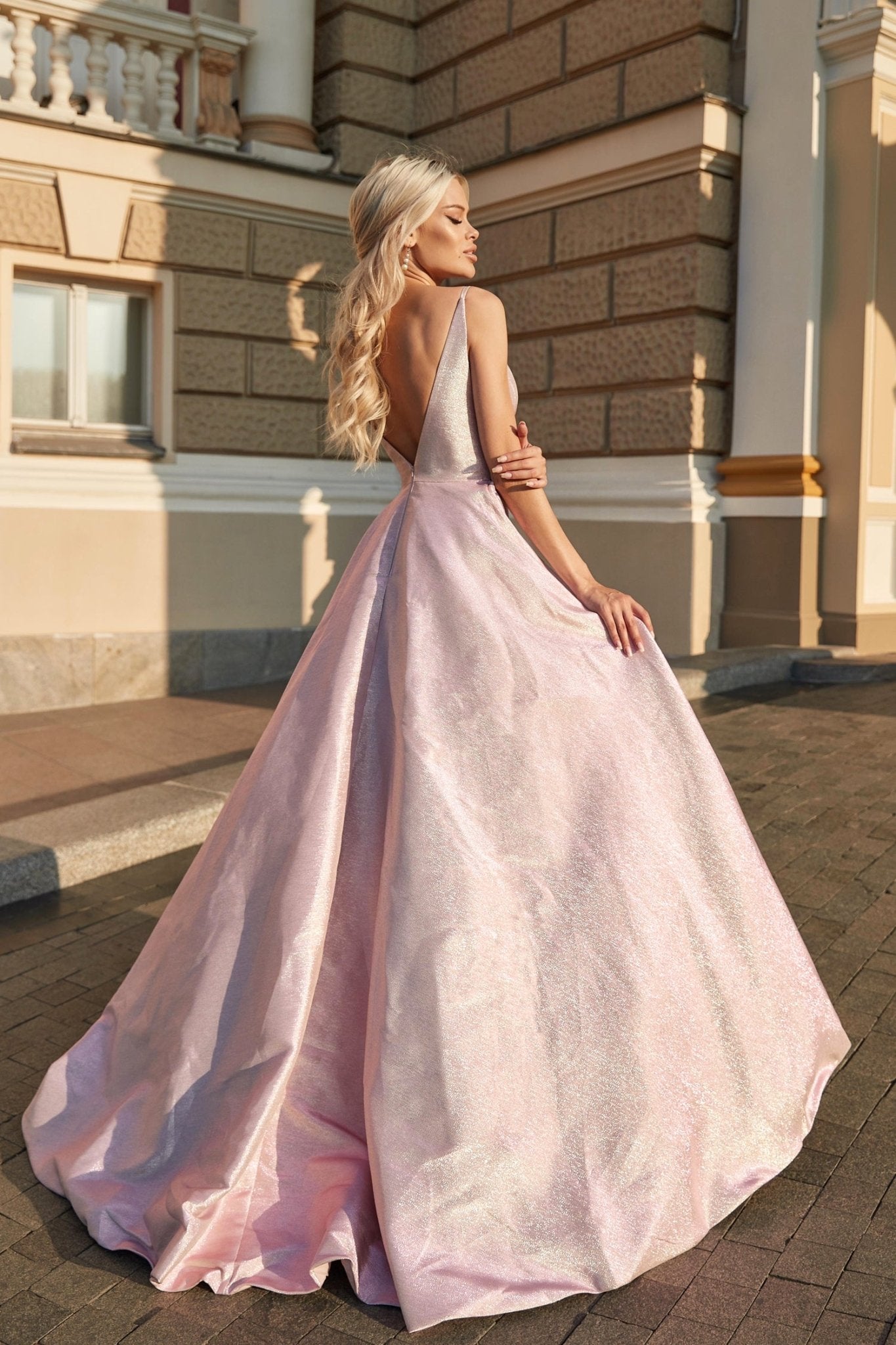 Tina Holly Couture TW070 Pearl Pink Deep V Front Fitted Bodice With A - line Formal Dress in Australia | One Honey Boutique