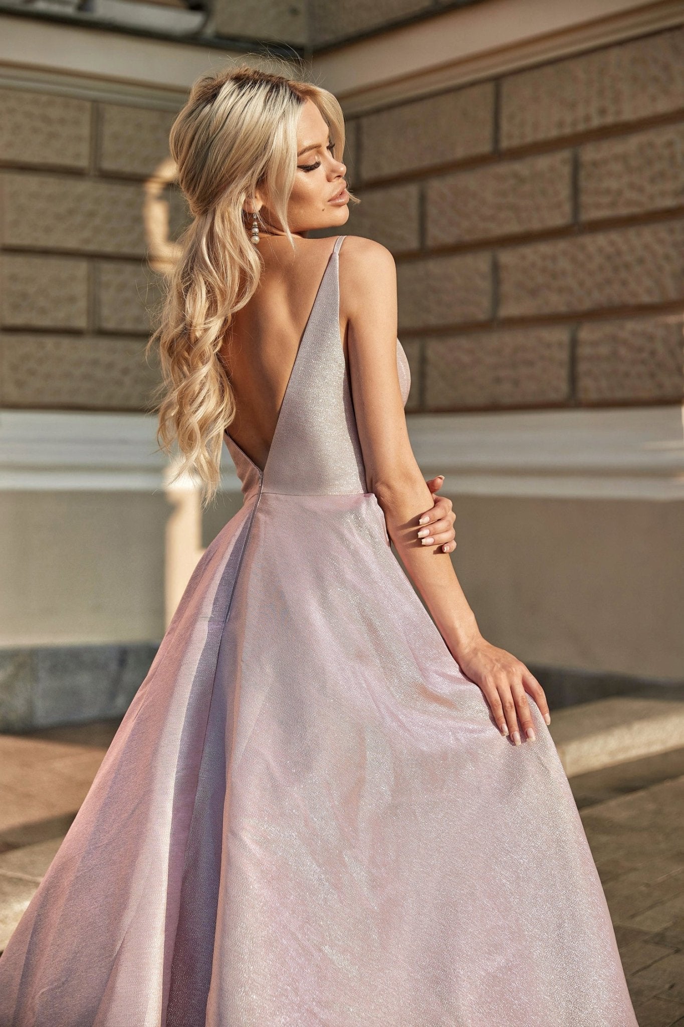 Tina Holly Couture TW070 Pearl Pink Deep V Front Fitted Bodice With A - line Formal Dress in Australia | One Honey Boutique