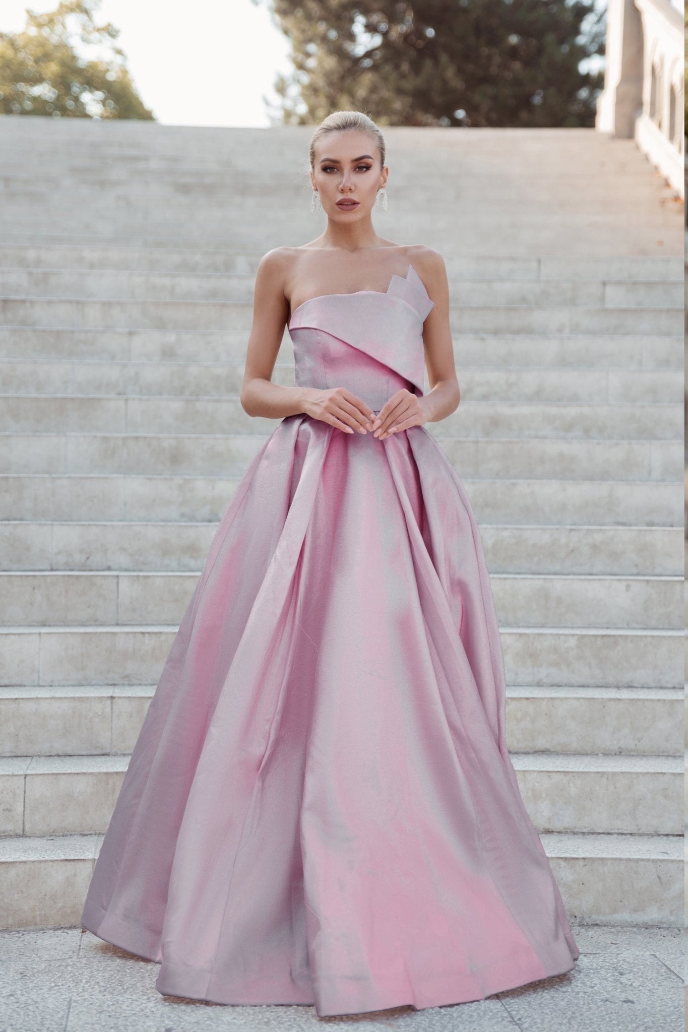 Tina Holly Couture TW071 Pearl Pink Strapless Straight Neck With An A - Line Fit Formal Dress in Australia | One Honey Boutique