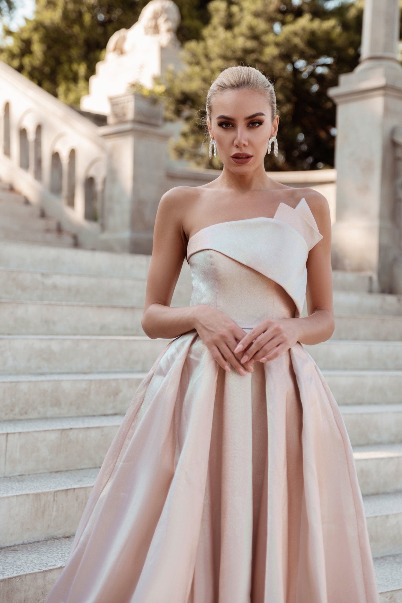 Tina Holly Couture TW071 Pink Champagne Strapless Straight Neck With An A - Line Fit Formal Dress in Australia | One Honey Boutique