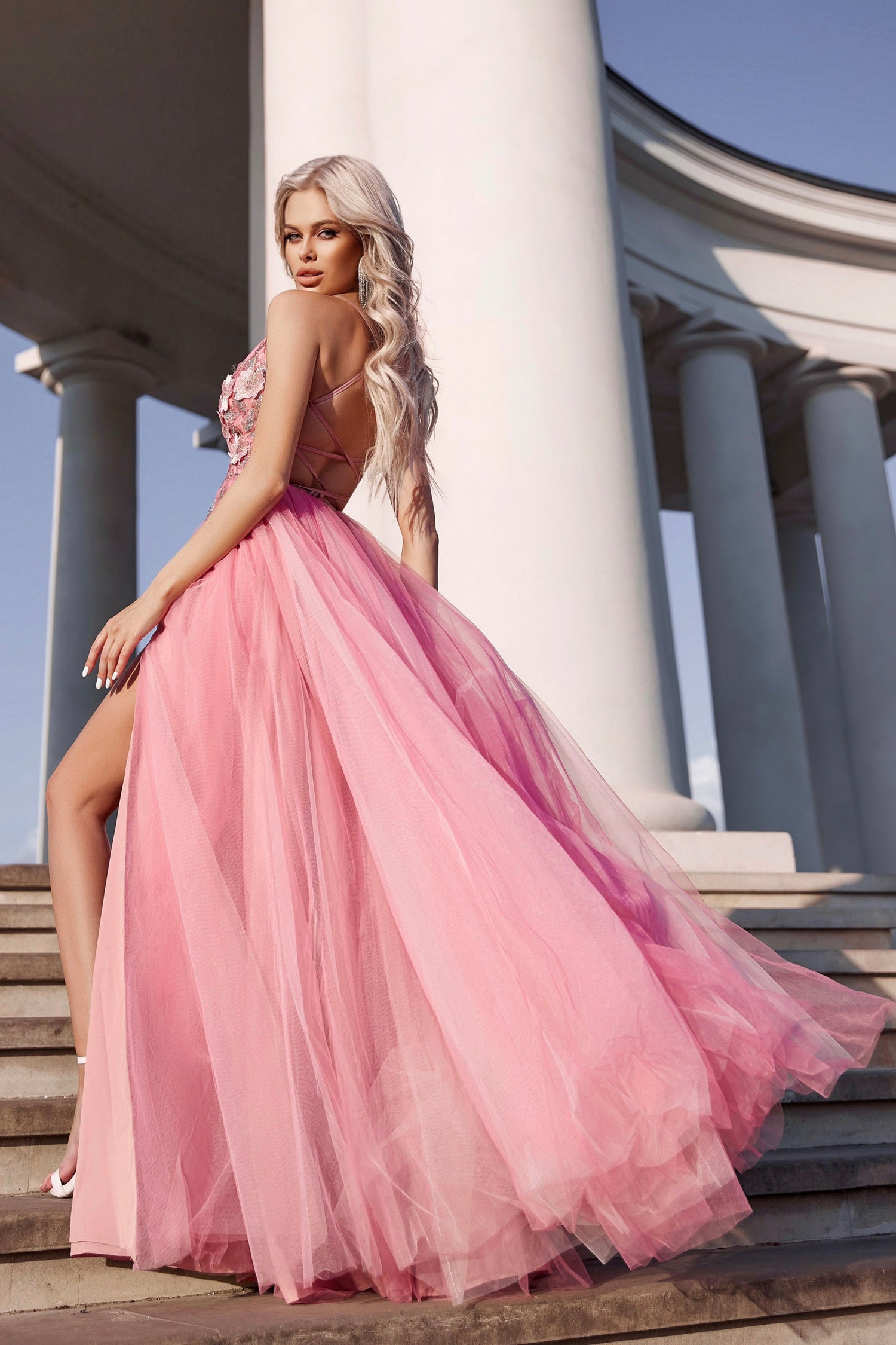 Tina Holly Couture TW322 Taffy Pink A Line With A Lace-Up Back And A Deep Neck-Line Formal Dress