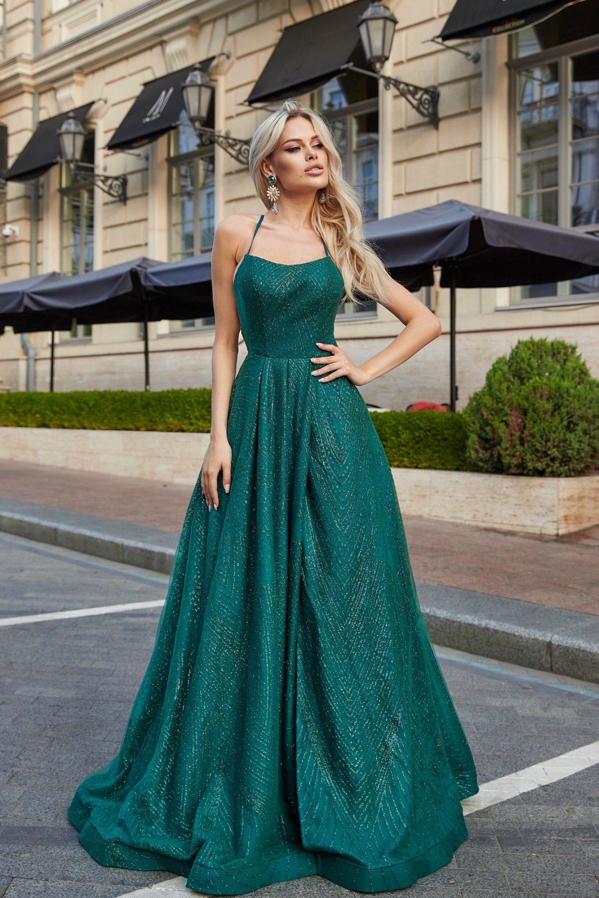 green emerald velvet dress Tina Holly Couture TW325 Emerald Green Apron Neckline and A Lace-Up Ba