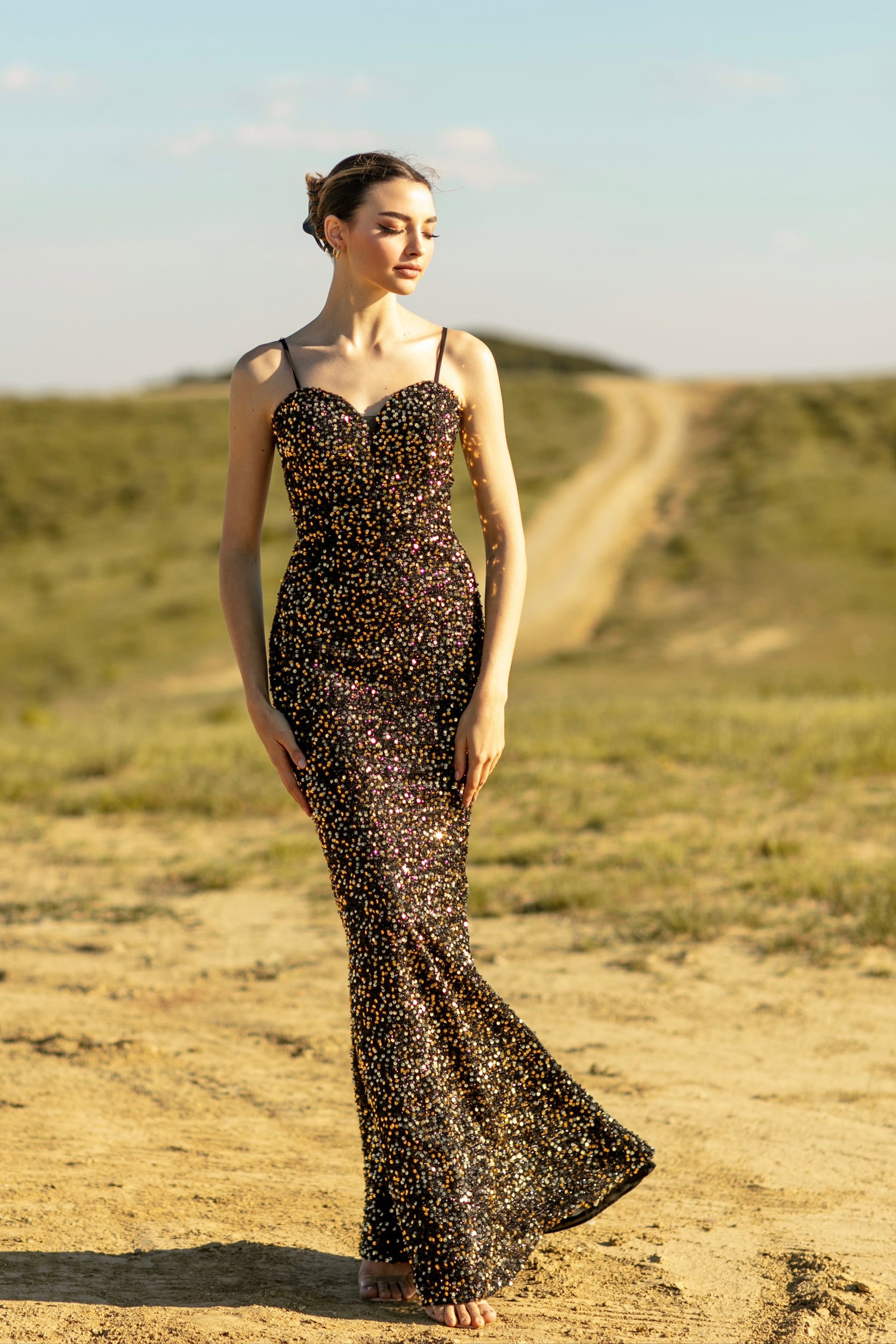 Elegant sequin prom gown with sweetheart neckline, perfect for special occasions from Brisbane to Gold Coast, Australia.