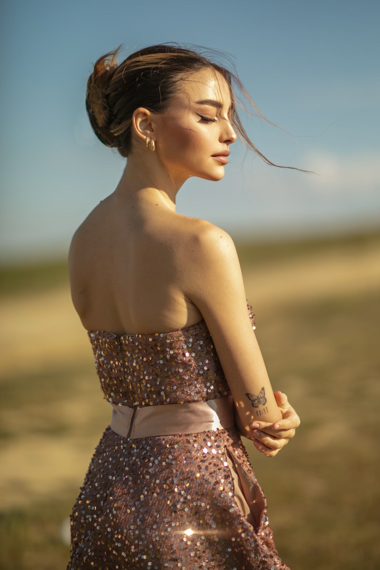 Tina Holly TK047 Sequin Strapless Tea-Length Dress