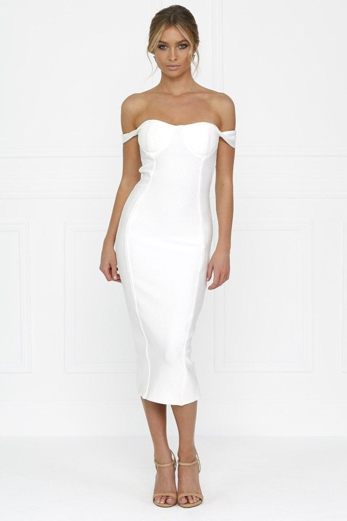 Honey Couture BECKY White Off Shoulder Bustier Bandage Dress Honey Couture$ AfterPay Humm ZipPay LayBuy Sezzle