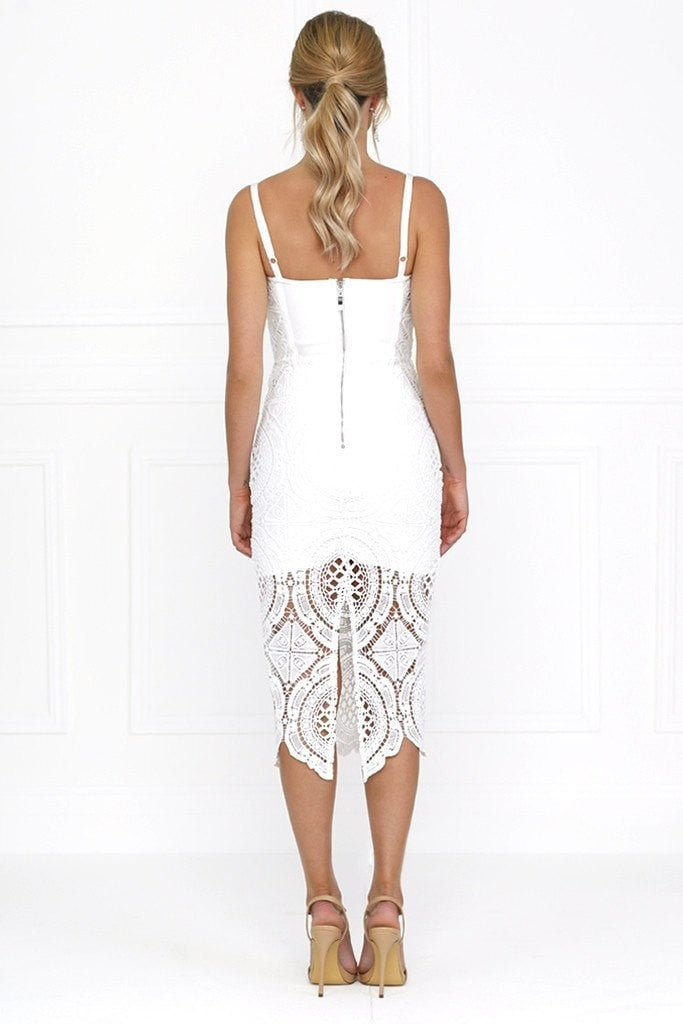 Honey Couture MICHELLE White Lace &amp; Crochet Bustier Bodycon Dress Honey Couture$ AfterPay Humm ZipPay LayBuy Sezzle