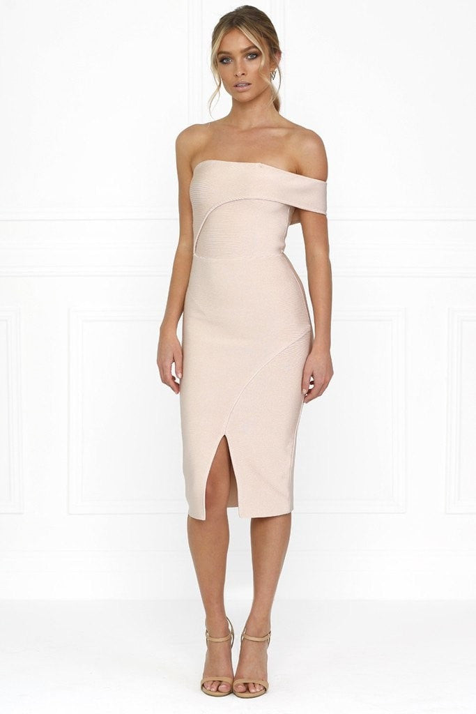 Honey Couture SAVANNAH Baby Pink Off Shoulder Bandage Dress Honey Couture$ AfterPay Humm ZipPay LayBuy Sezzle