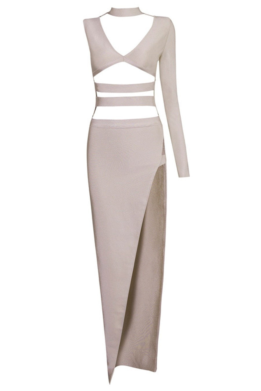 Honey Couture ROYA Taupe Silver Cut Out Bandage Maxi Dress Honey Couture$ AfterPay Humm ZipPay LayBuy Sezzle