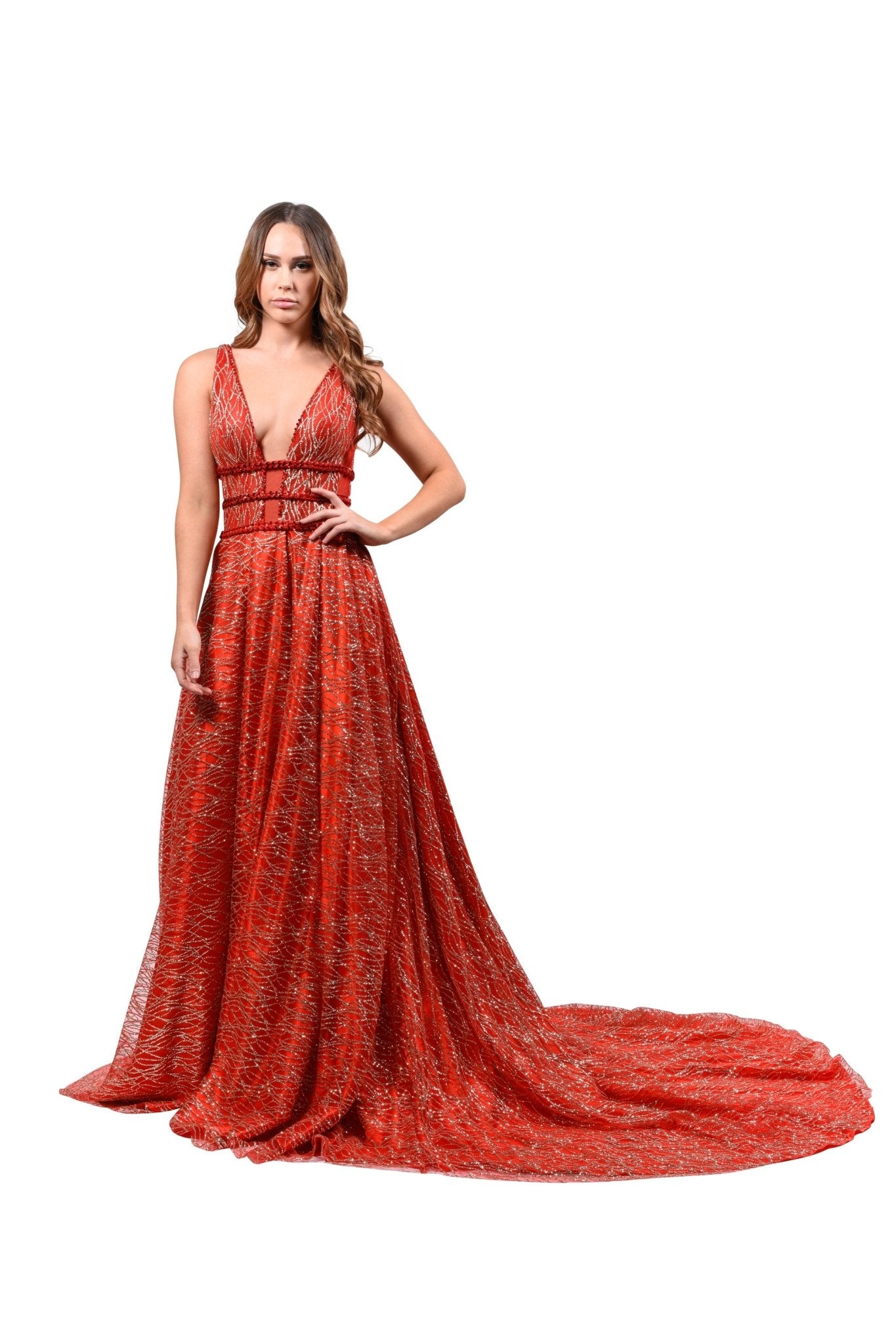 Honey Couture GLORIA Red Gold Glitter Infused Formal Ball Gown in Australia | One Honey Boutique