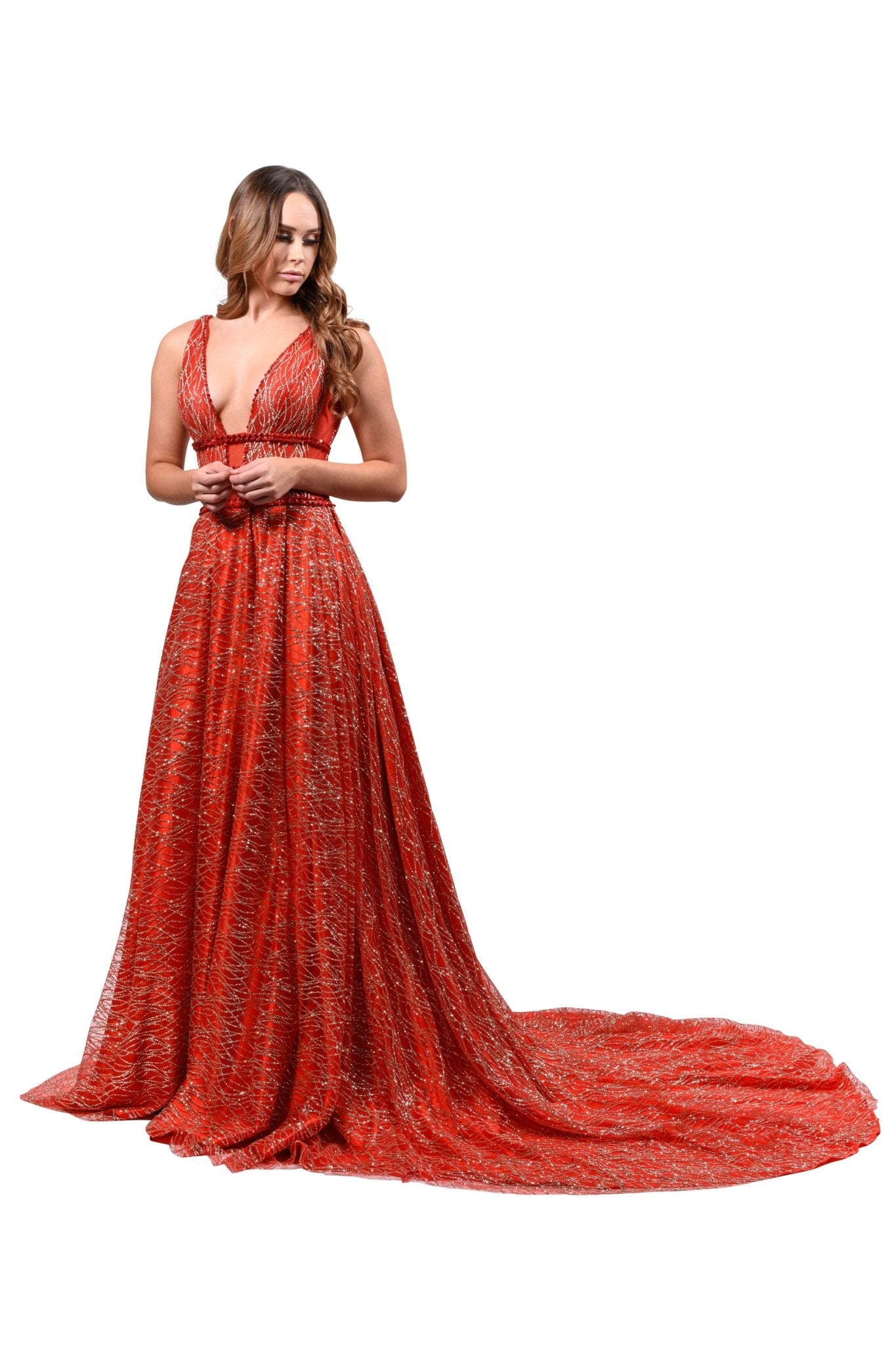 Honey Couture GLORIA Red Gold Glitter Infused Formal Ball Gown in Australia | One Honey Boutique