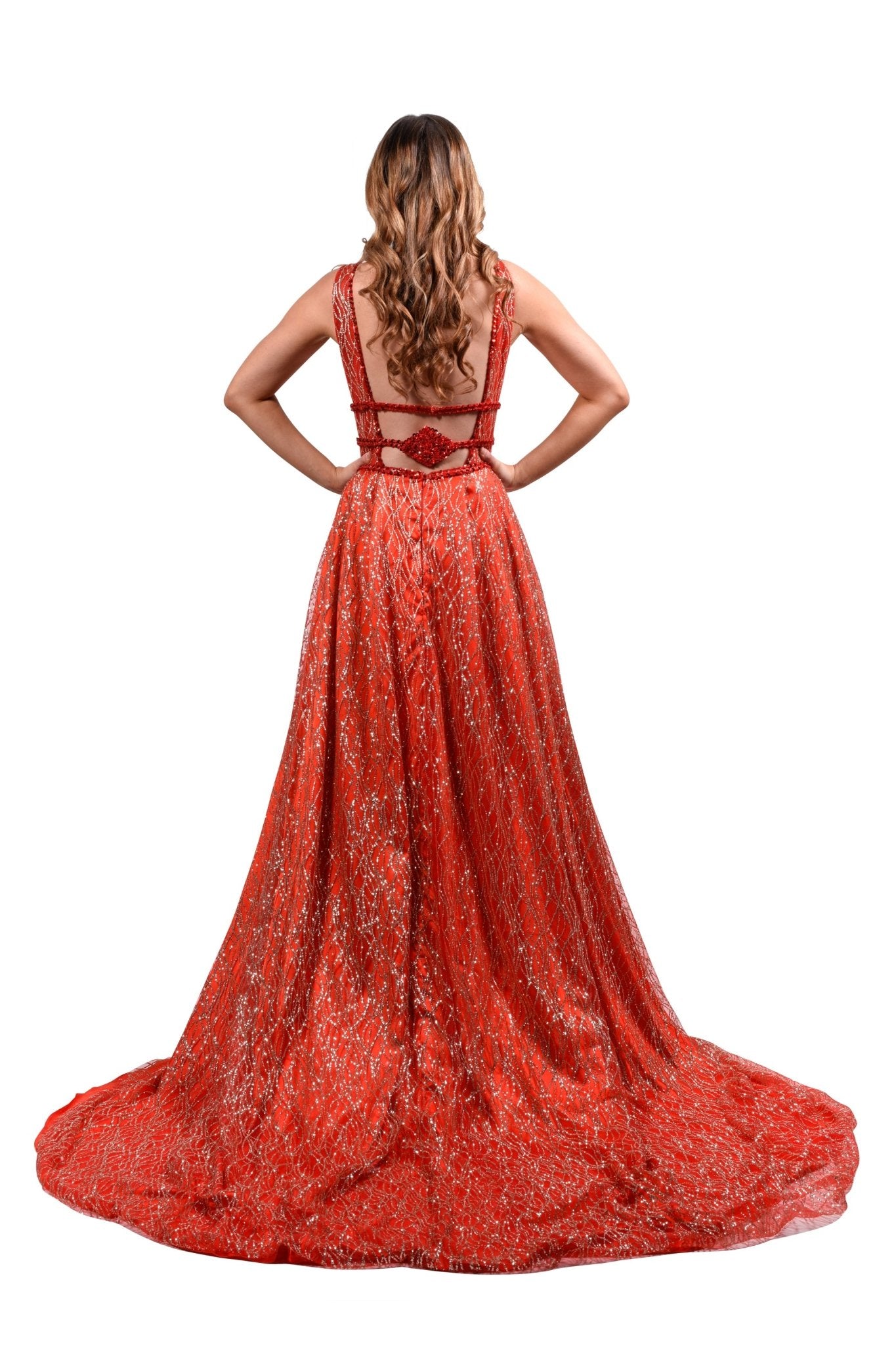 Honey Couture GLORIA Red Gold Glitter Infused Formal Ball Gown in Australia | One Honey Boutique