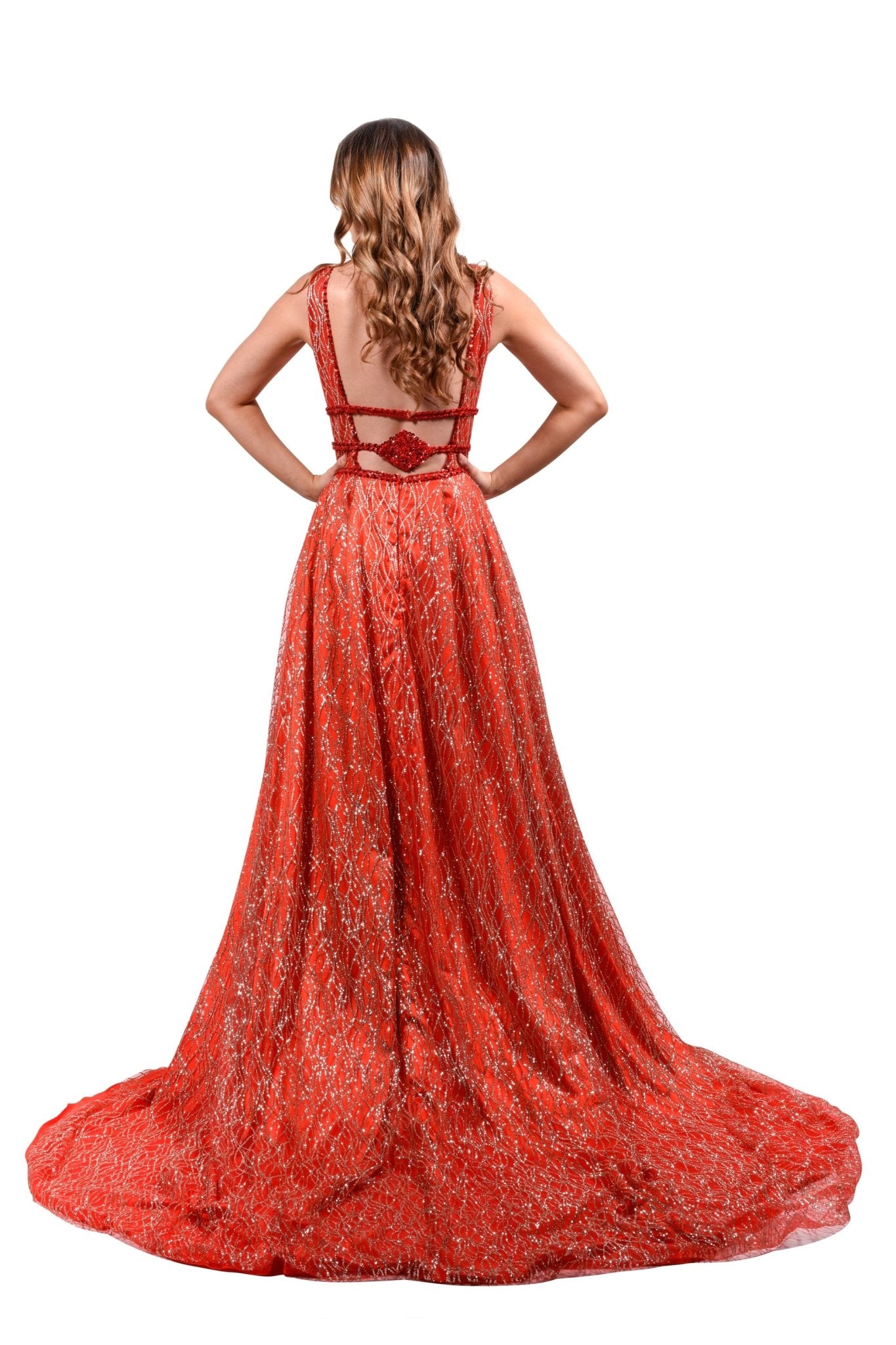 Honey Couture GLORIA Red Gold Glitter Infused Formal Ball Gown in Australia | One Honey Boutique