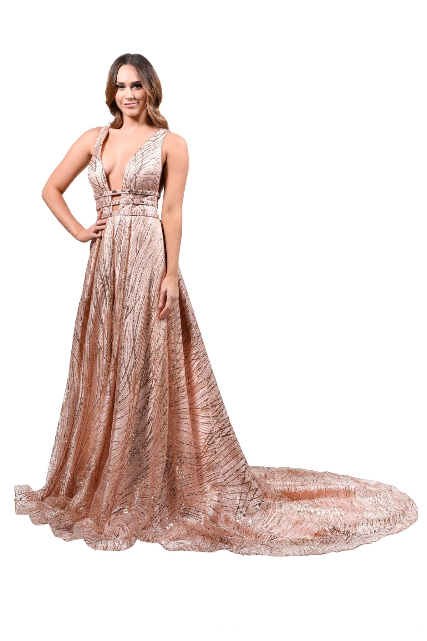 Honey Couture ZOEY Gold Glitter Infused Formal Ball Gown