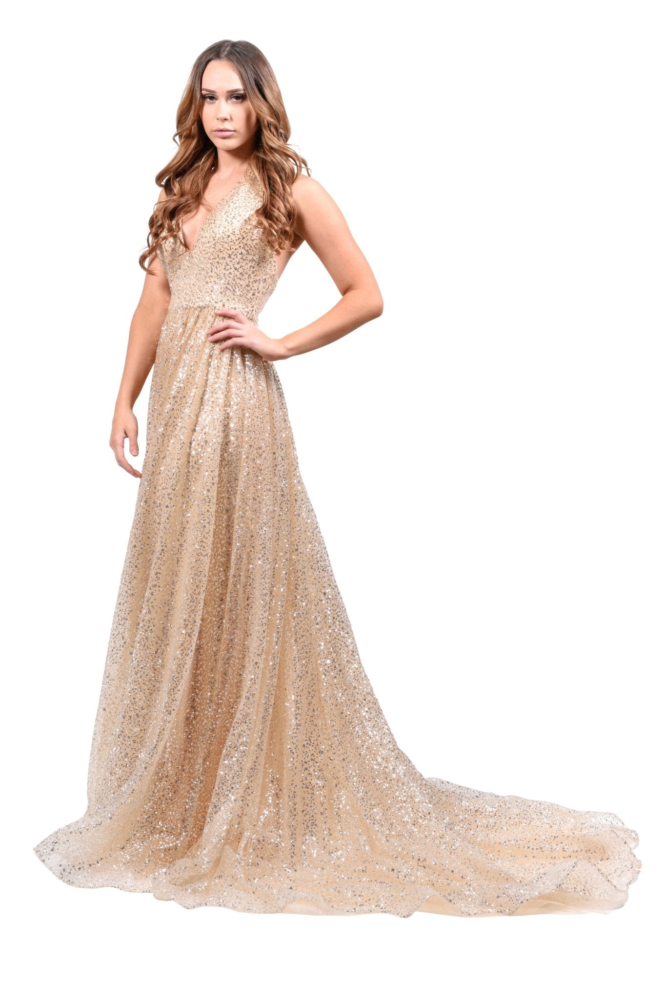 Honey Couture CATALINA Gold Sequin Halter Neck Formal Gown in Australia | One Honey Boutique
