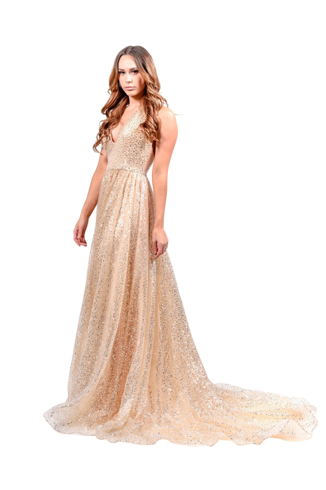 Honey Couture CATALINA Gold Sequin Halter Neck Formal Gown in Australia | One Honey Boutique