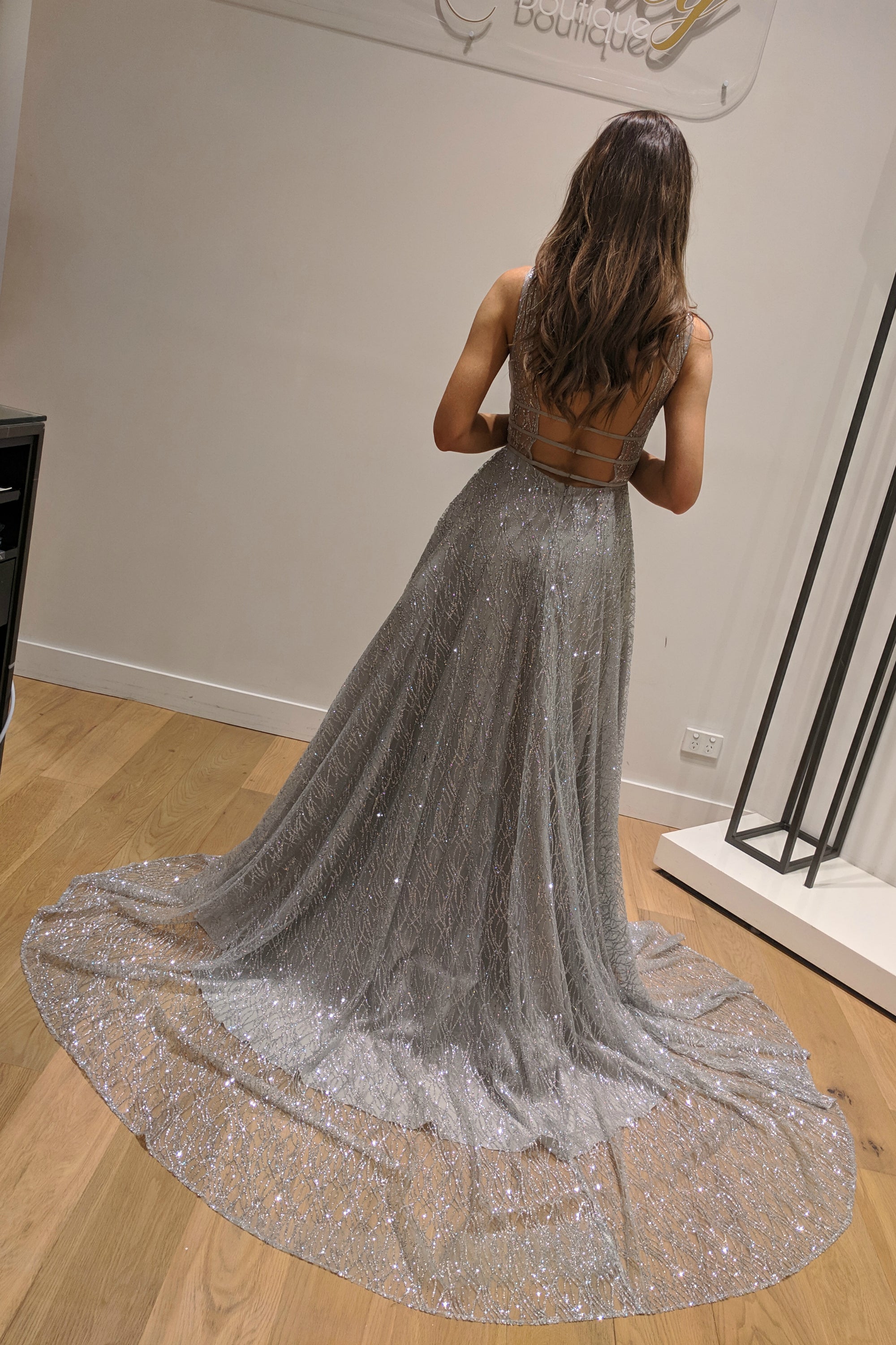 Honey Couture DAZZLING Silver Sequin Princess Formal Gown Dress Honey Couture Custom$ AfterPay Humm ZipPay LayBuy Sezzle