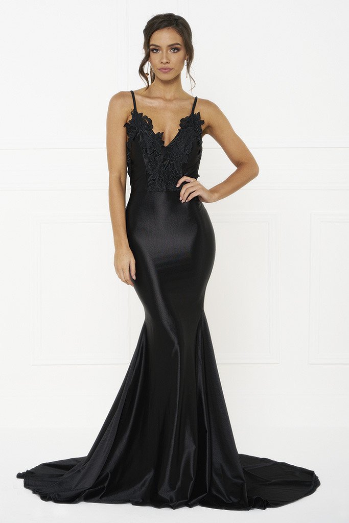 Honey Couture PENELOPE Black Applique Formal Gown Dress