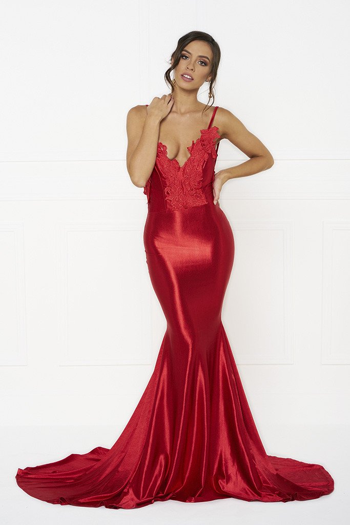 Honey Couture PENELOPE Red Applique Formal Gown Dress Honey Couture$ AfterPay Humm ZipPay LayBuy Sezzle