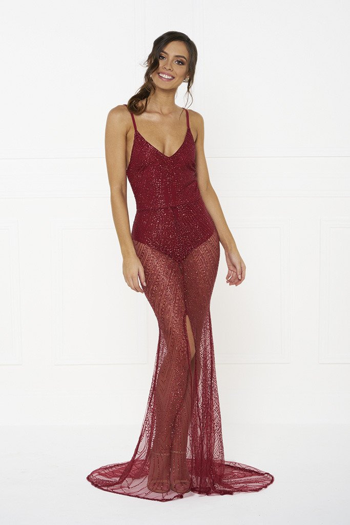 Honey Couture EVELYN Red Glitter Sheer Formal Dress Honey Couture$ AfterPay Humm ZipPay LayBuy Sezzle