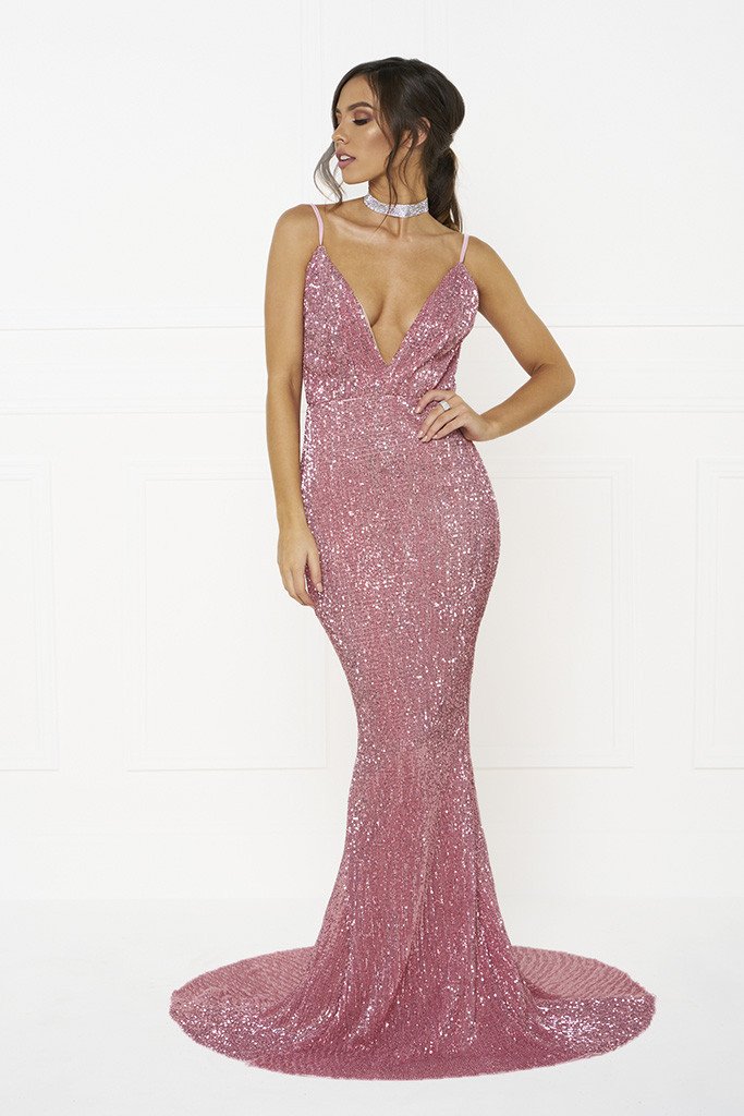 Honey Couture ROSALIE Pink Low Back Sequin Formal Gown Dress Honey Couture$ AfterPay Humm ZipPay LayBuy Sezzle